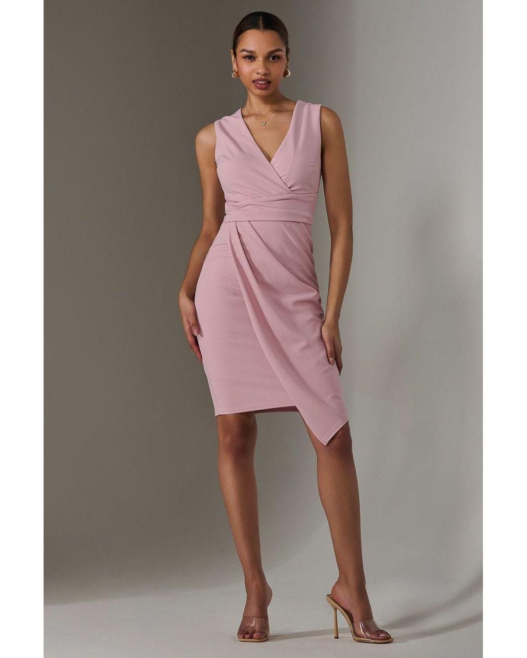 Jolie Moi Pink Sleeveless Wrap Front Midi Dress