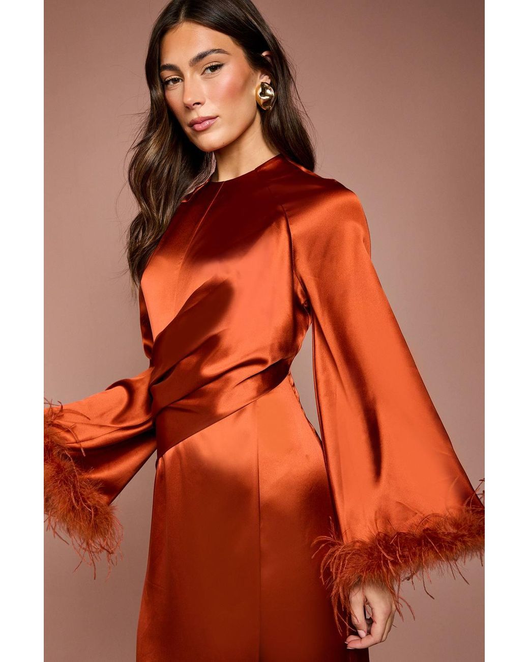 Coast Red Feather Trim Satin Maxi Dress