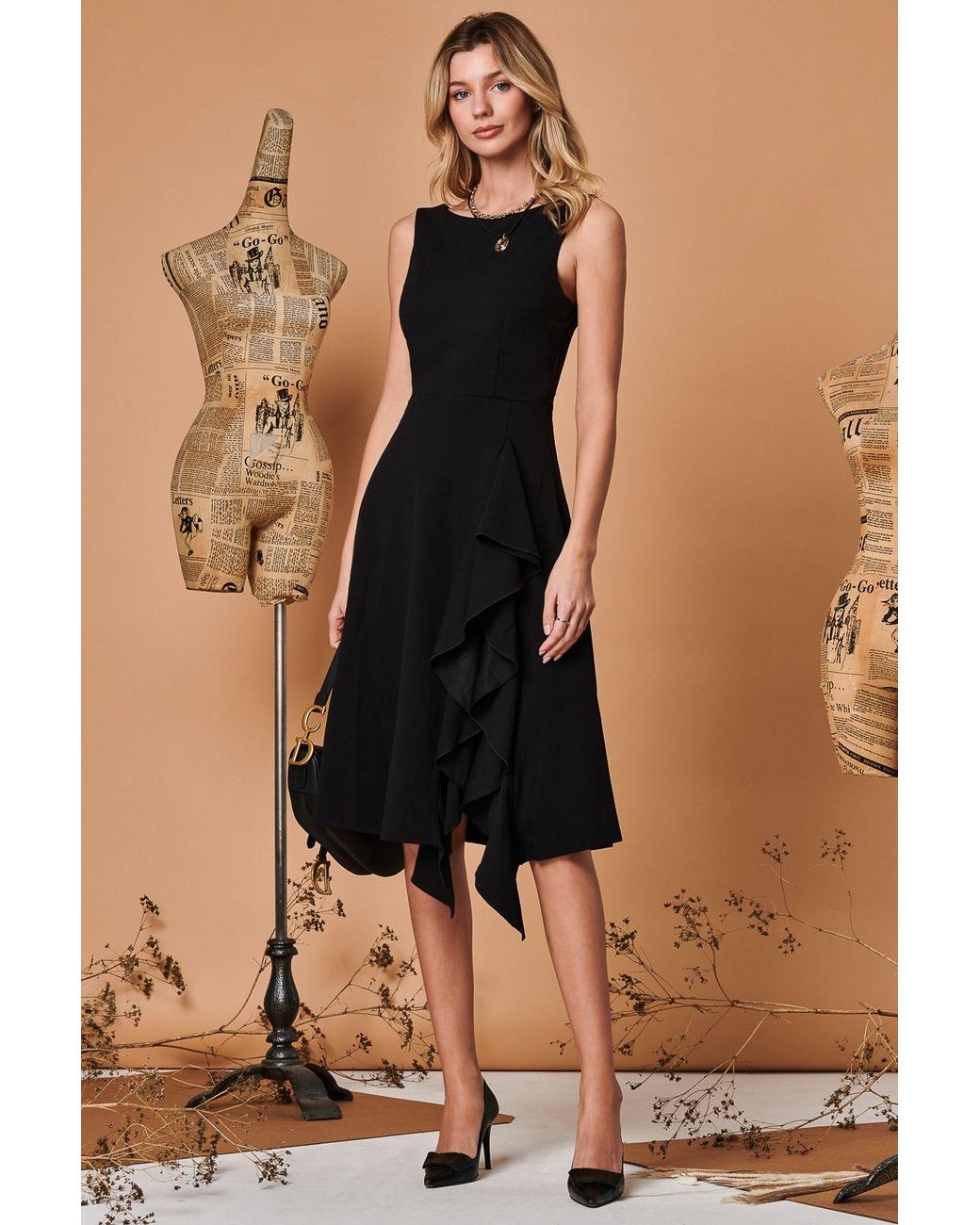 Jolie Moi Black Fit & Flare Ruffle Detail Midi Dress