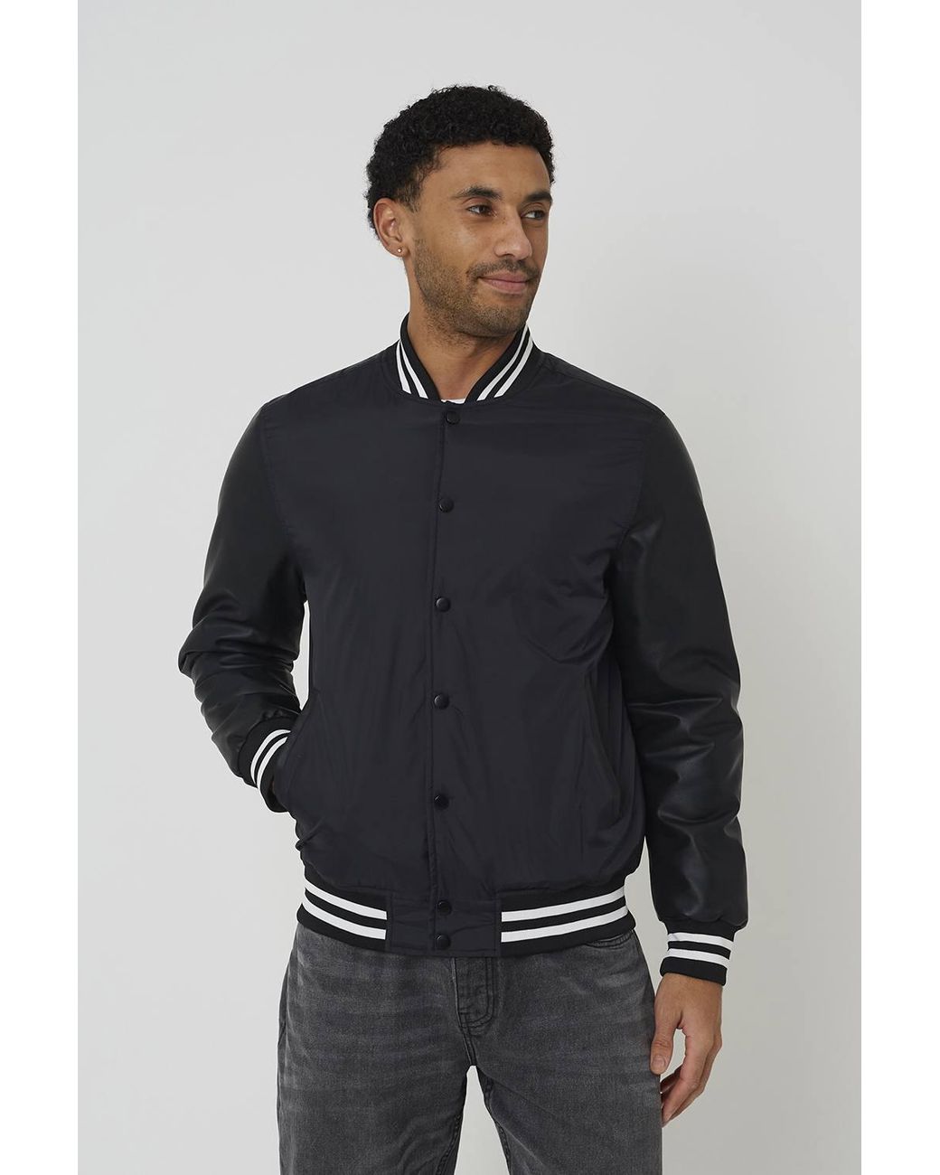 Brave Soul Gray Varsity Style Jacket With Pu Sleeves for men