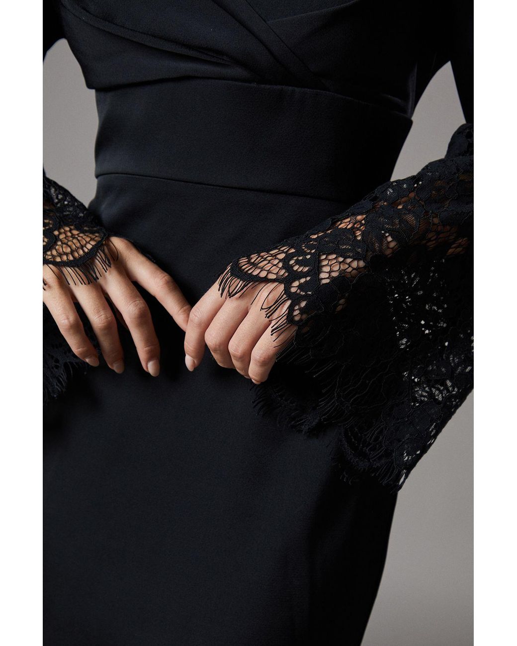 Coast Black Petite Lace Panelled Satin Wrap Midi Dress