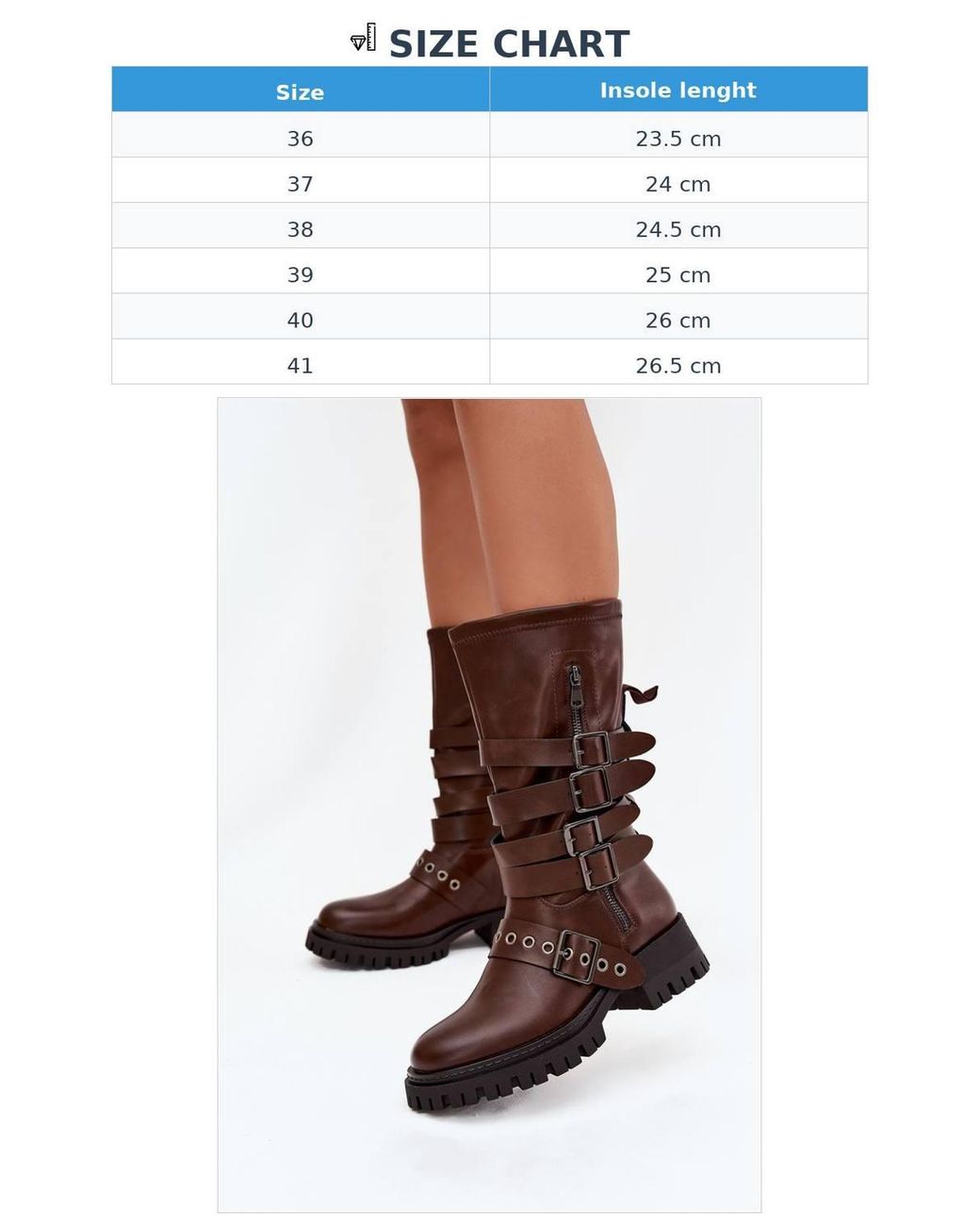 Love Lace Brown Mid Calf Slip On Block Heel Boots With Buckle Straps Zipper