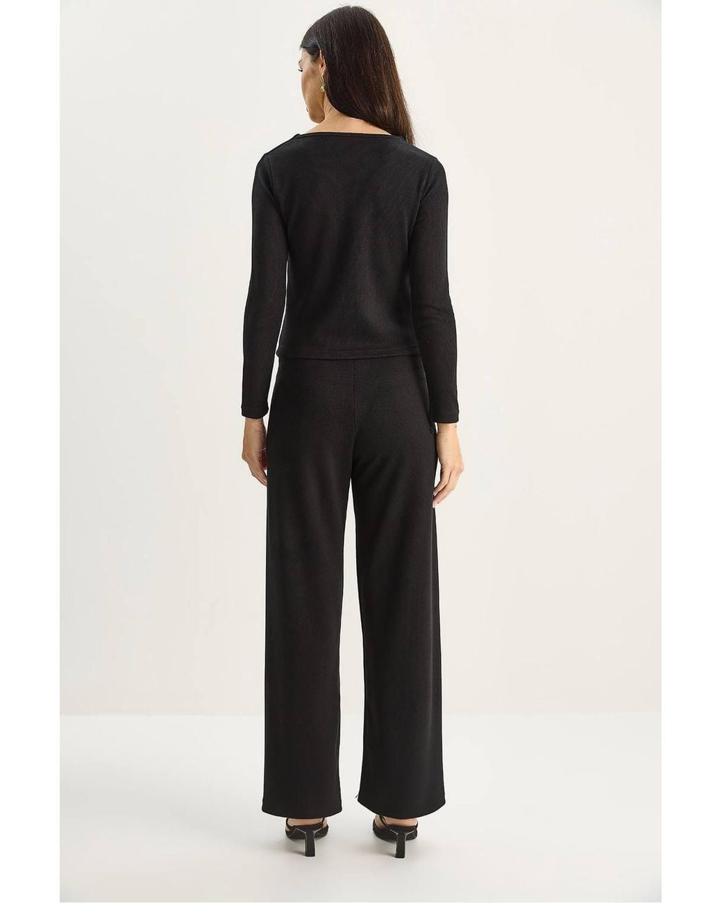 Bianco Lucci Black V-Neck Knitted Wide Leg Two-Piece Set