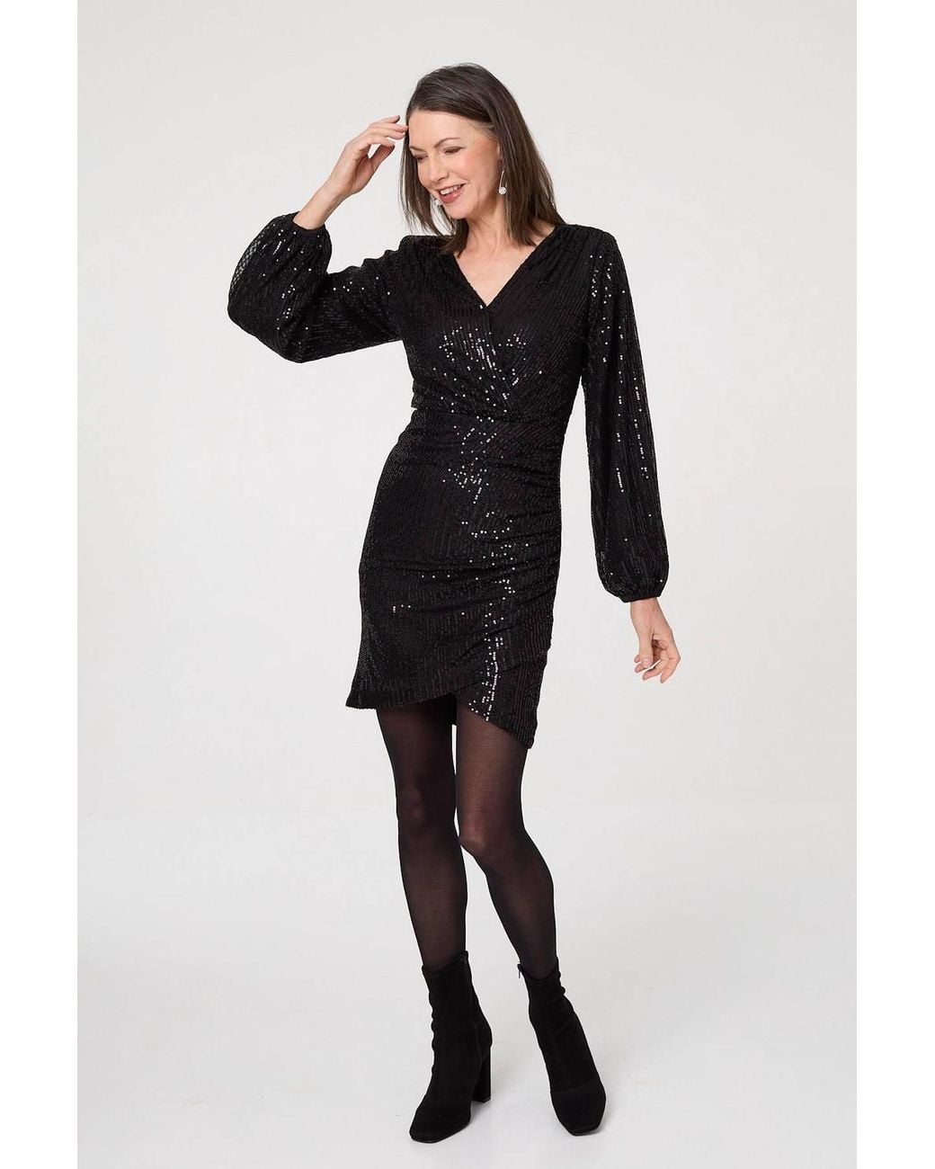 Izabel London Black Sequinned Long Sleeve Short Wrap Dress
