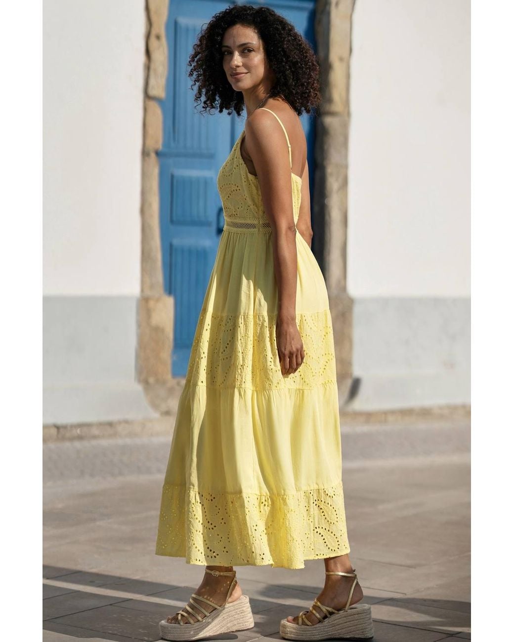 Yumi' Yellow Butter Cotton Lace Trim Midi Dress