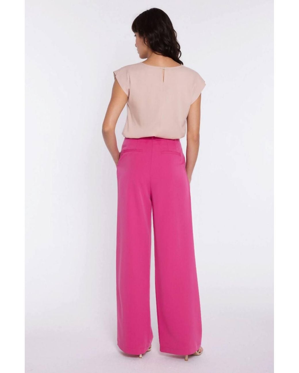 Love Lace Pink Viscose High Waisted Wide Leg Trousers With Buttons