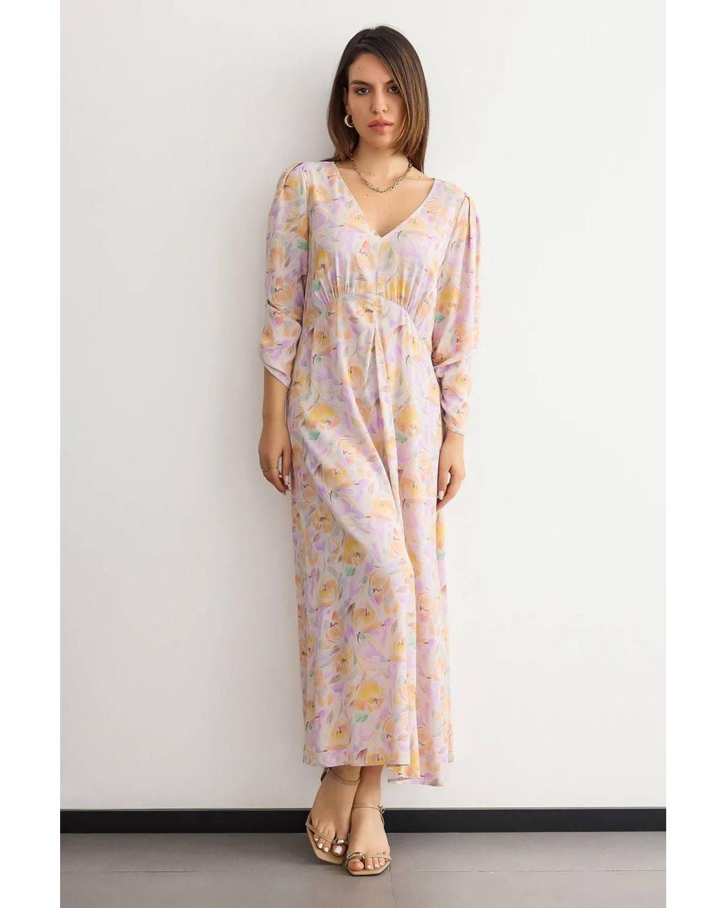 Hiccup Metallic Printed Maxi Dress With V-Neck & Ruched Back
