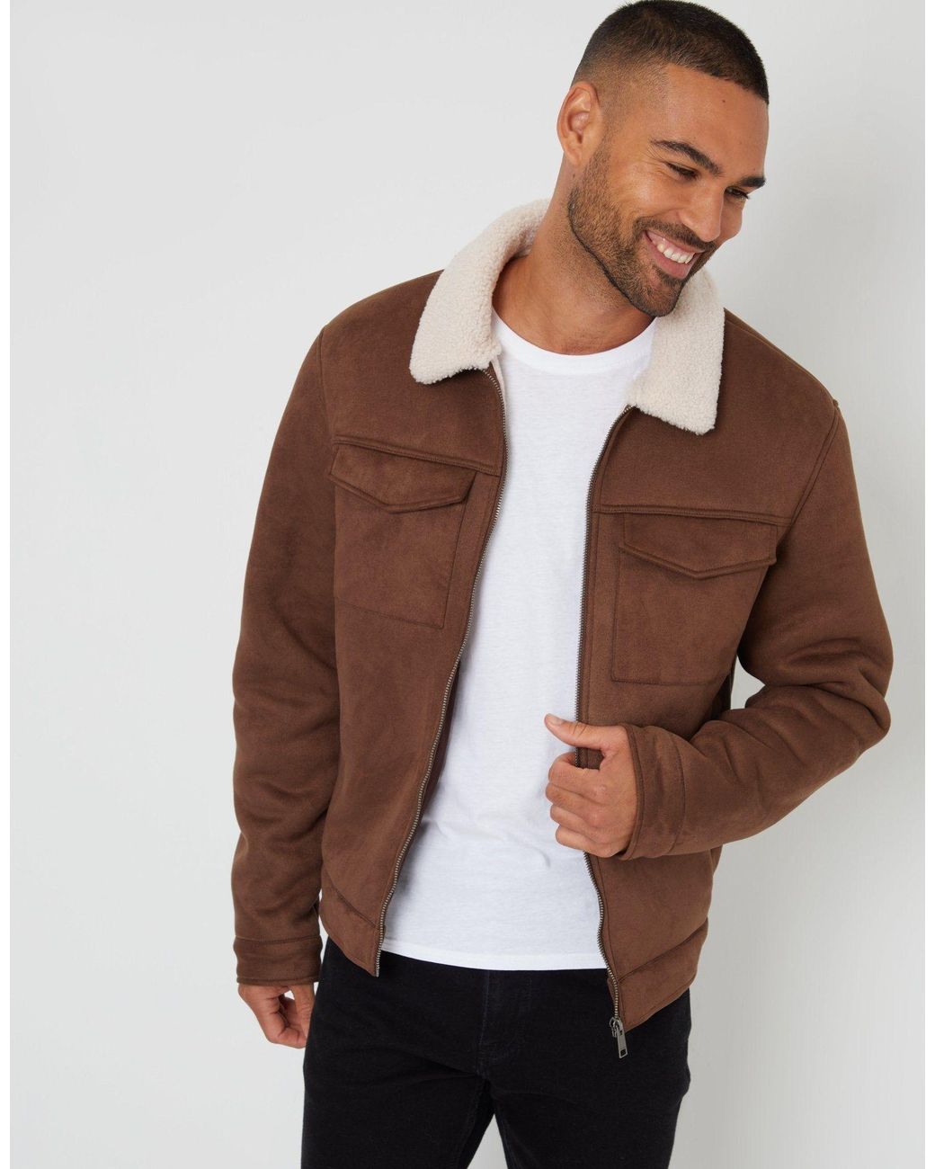 Threadbare Brown Faux Suede Borg Lined Aviator Jacket for men