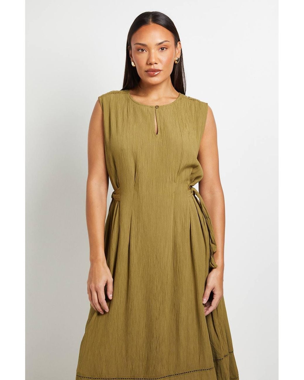 PRINCIPLES Green Crinkle Viscose Tie Midi Dress