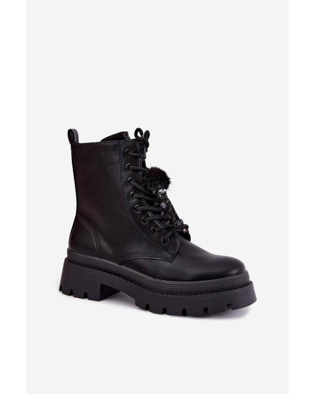 Love Lace Black Platform Lace-Up Faux Leather Worker Boots With Zip