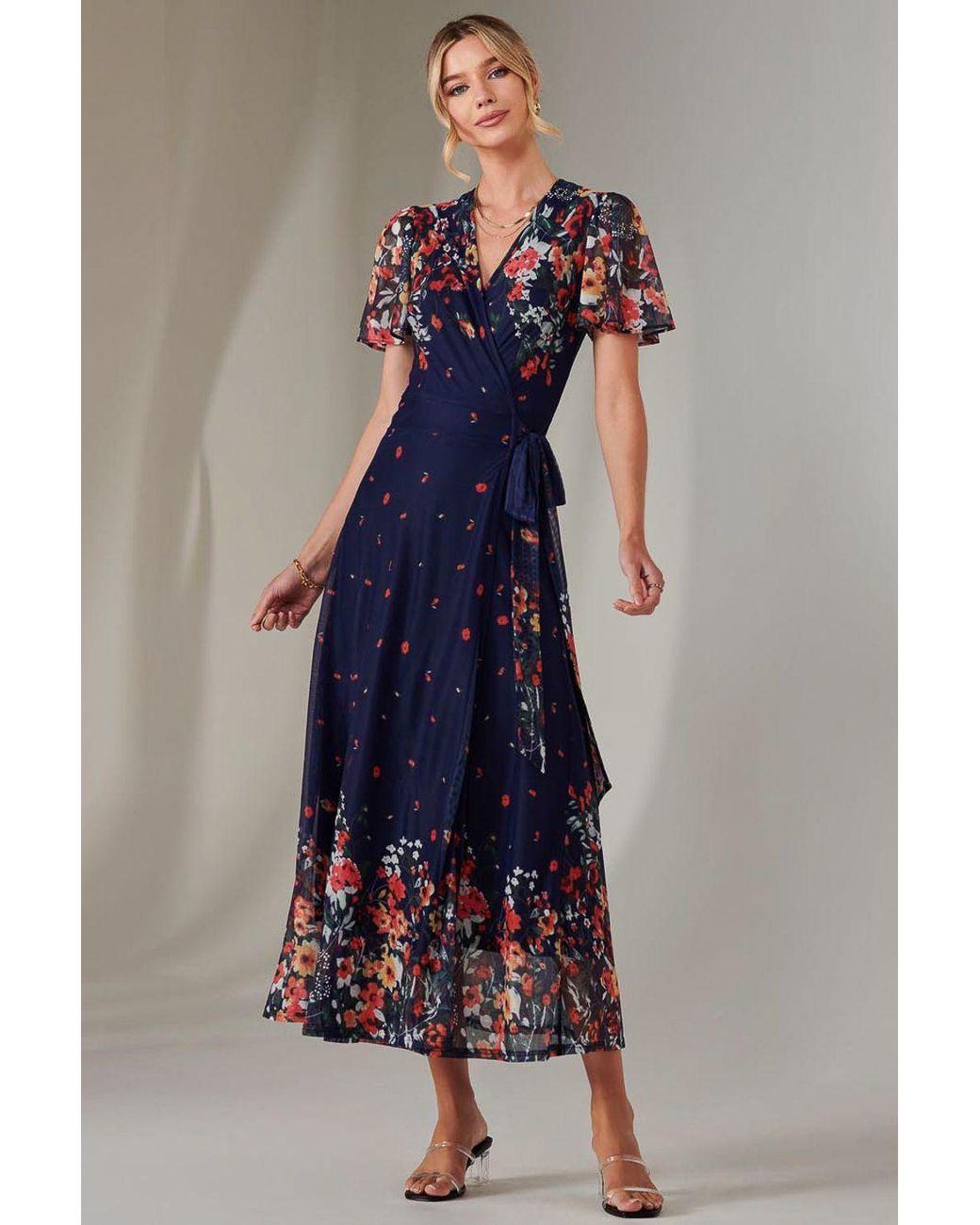 Jolie Moi Blue Mirror Print Mesh Wrap Maxi Dress