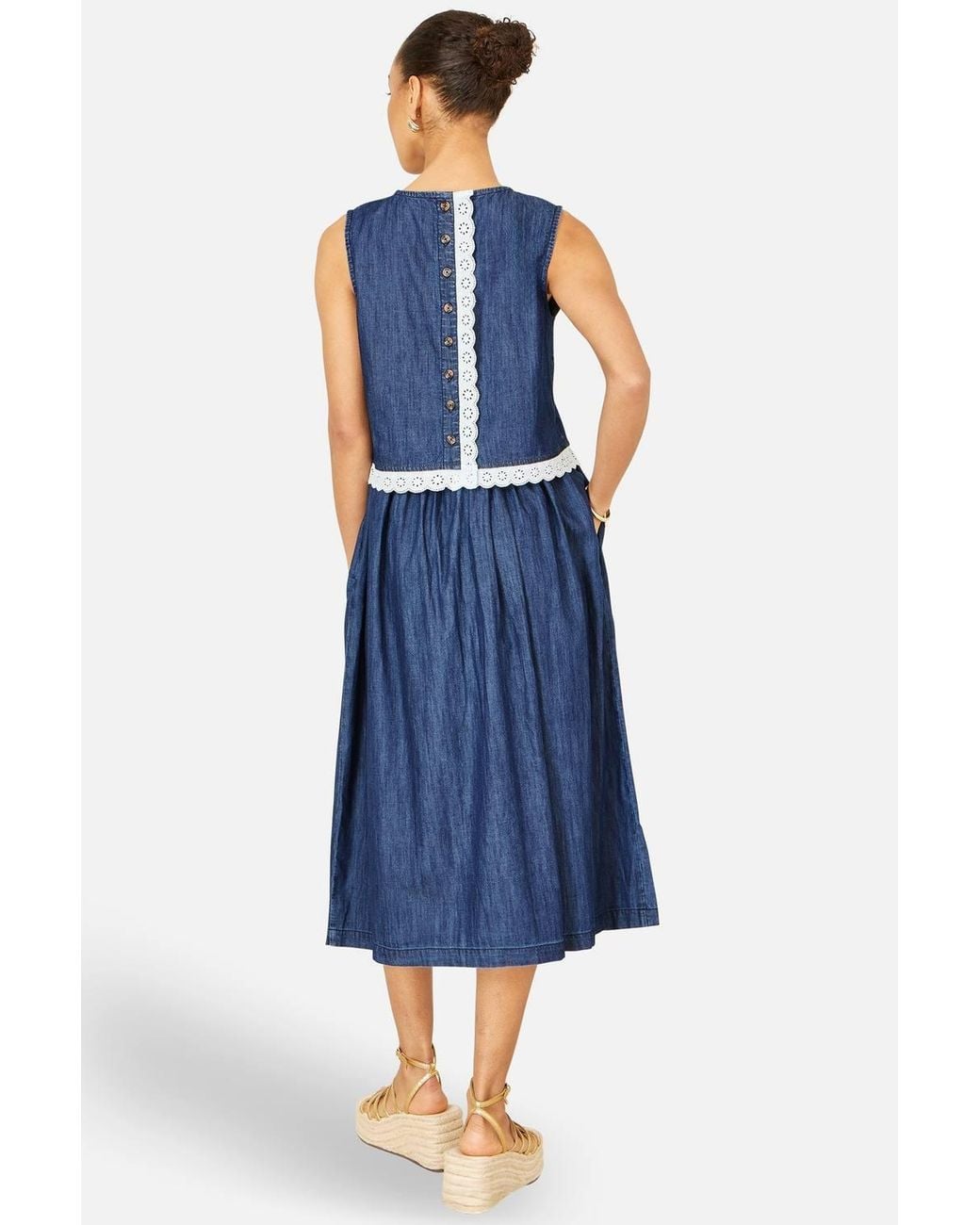 Yumi' Blue Denim Chambray Gathered Midi Skirt