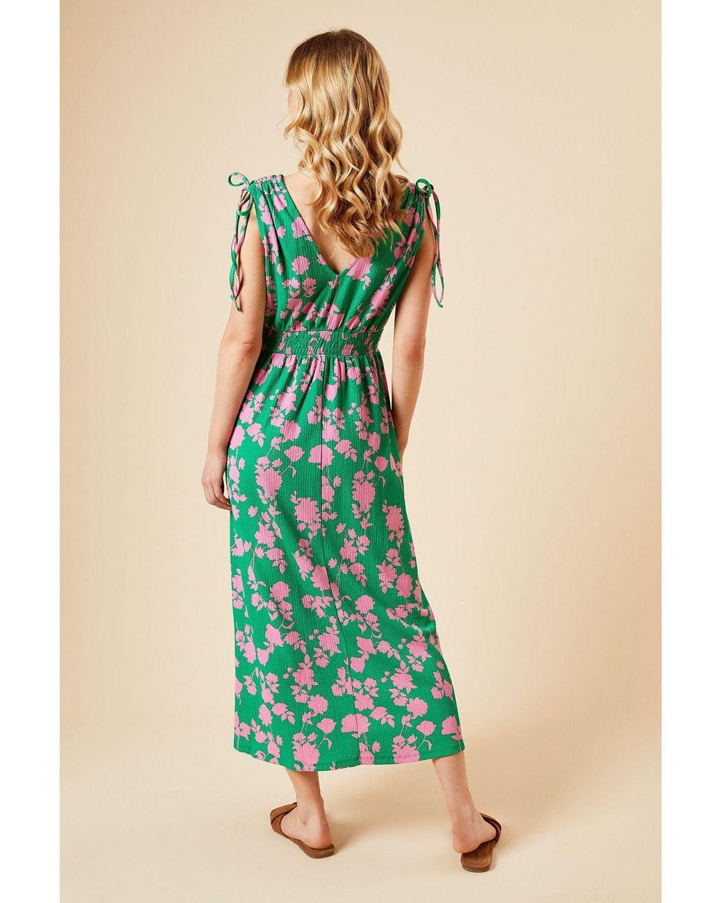 Dorothy Perkins Green Floral Tie Shoulder Shirred Waist Jersey Midi Dress