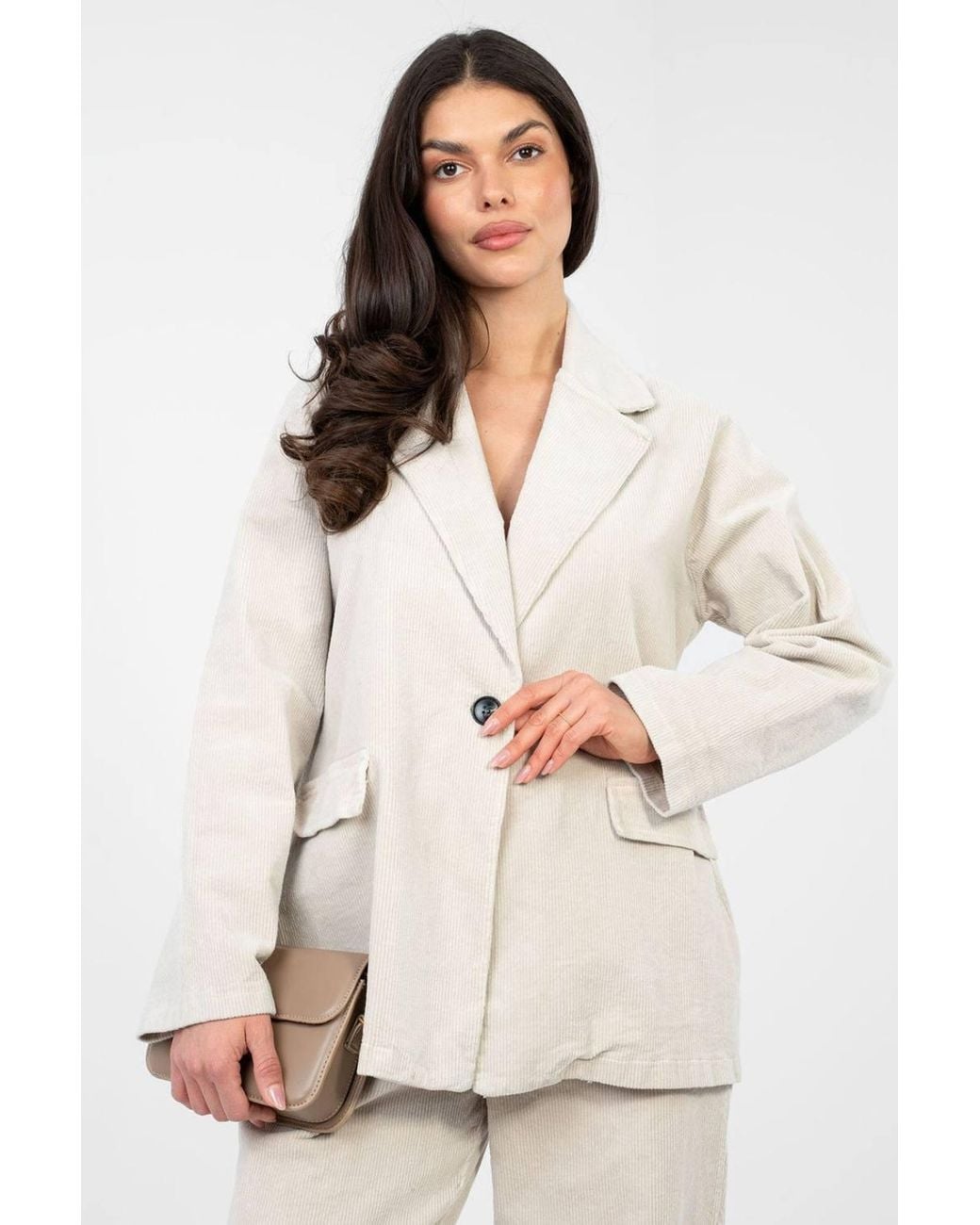 Love Lace White Cotton Corduroy Blazer With Office Style