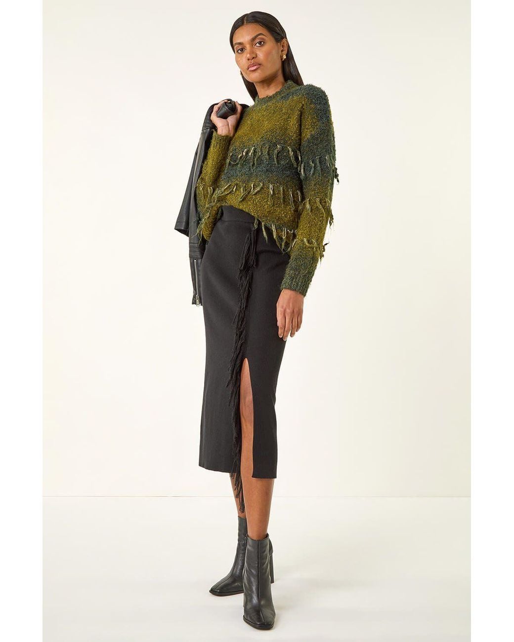 Roman Black Fringe Side Knit Midi Pencil Skirt