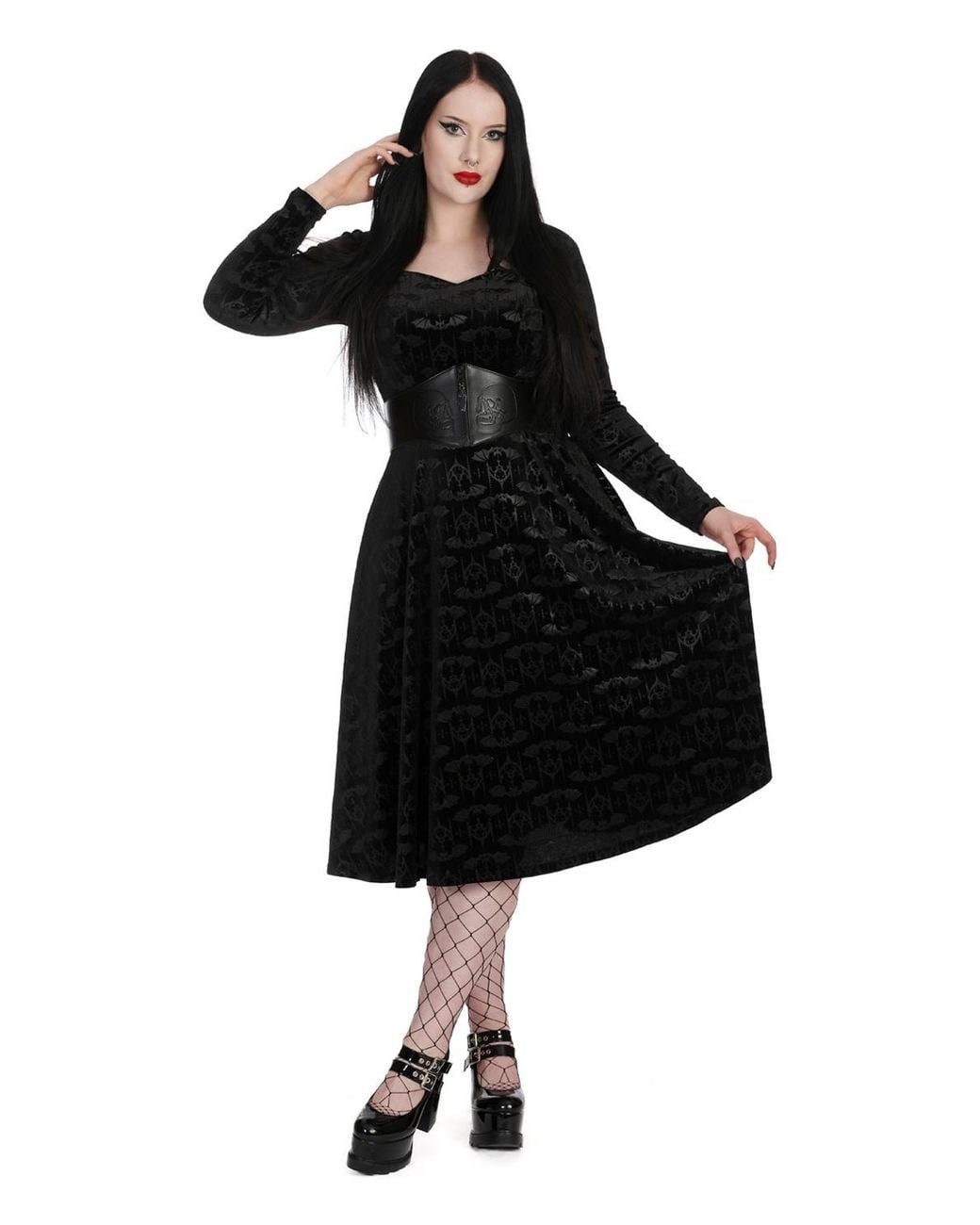 Banned Retro Black Velvet Bat Fit & Flare Dress