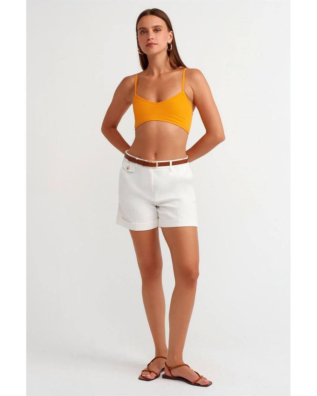 Dilvin Orange Ribbed V-Neck Crop Bralet Top