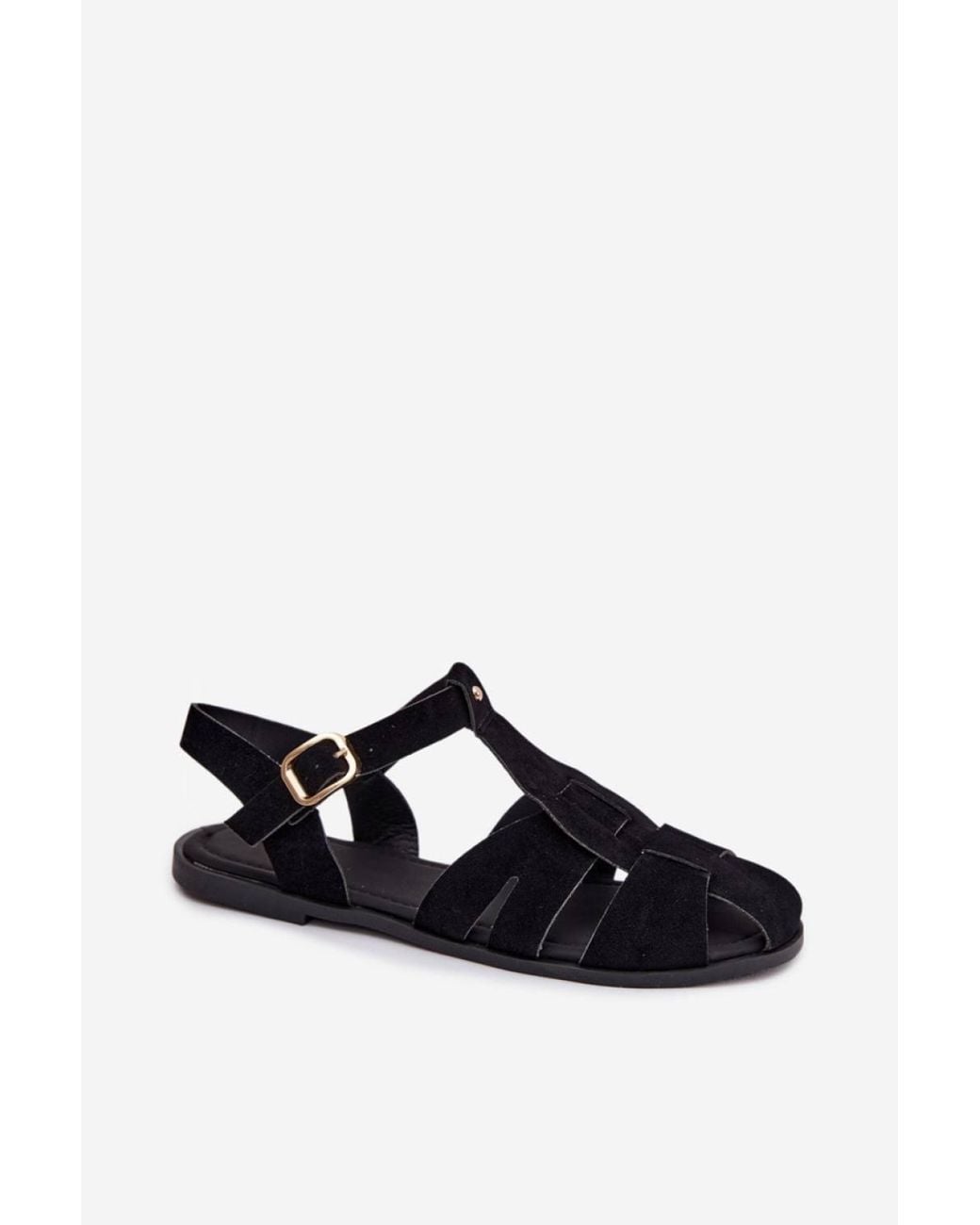 Love Lace Black Roman Flat Suede Sandals With Adjustable Buckle Strap