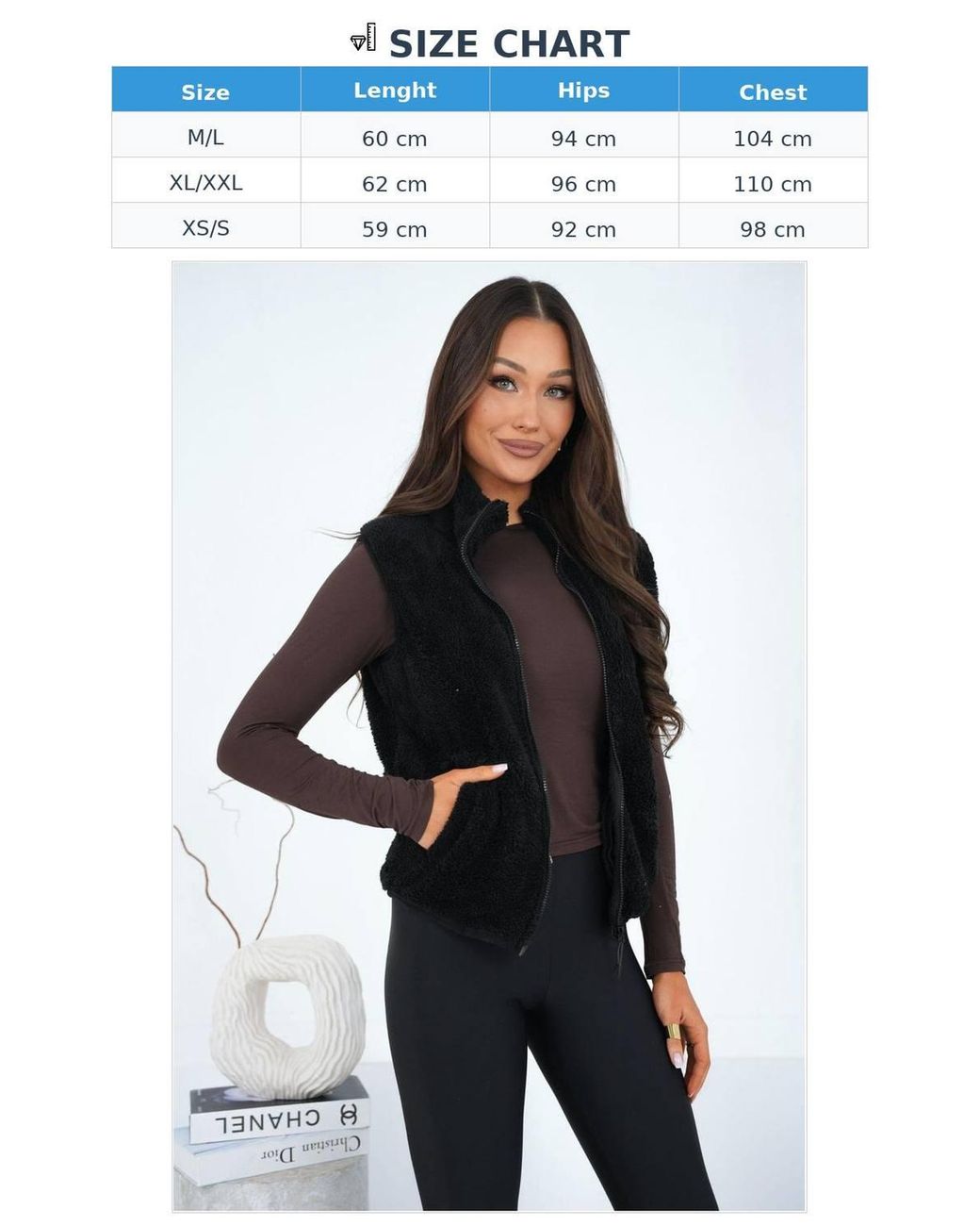 Love Lace Black Soft Fuzzy Polyester Stand Collar Zipper Vest