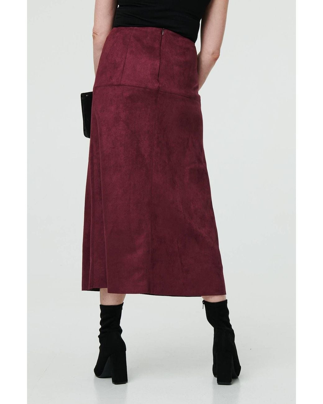 Izabel London Red Faux Suede A-Line High Waist Midi Skirt
