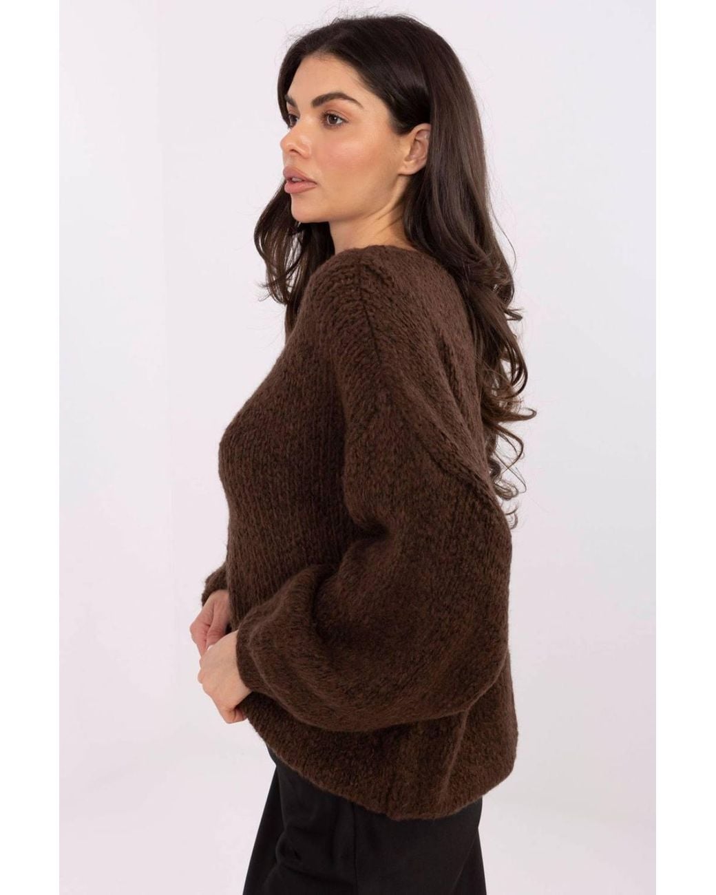 Love Lace Brown Loose Textured Sweater With Puff Sleeves
