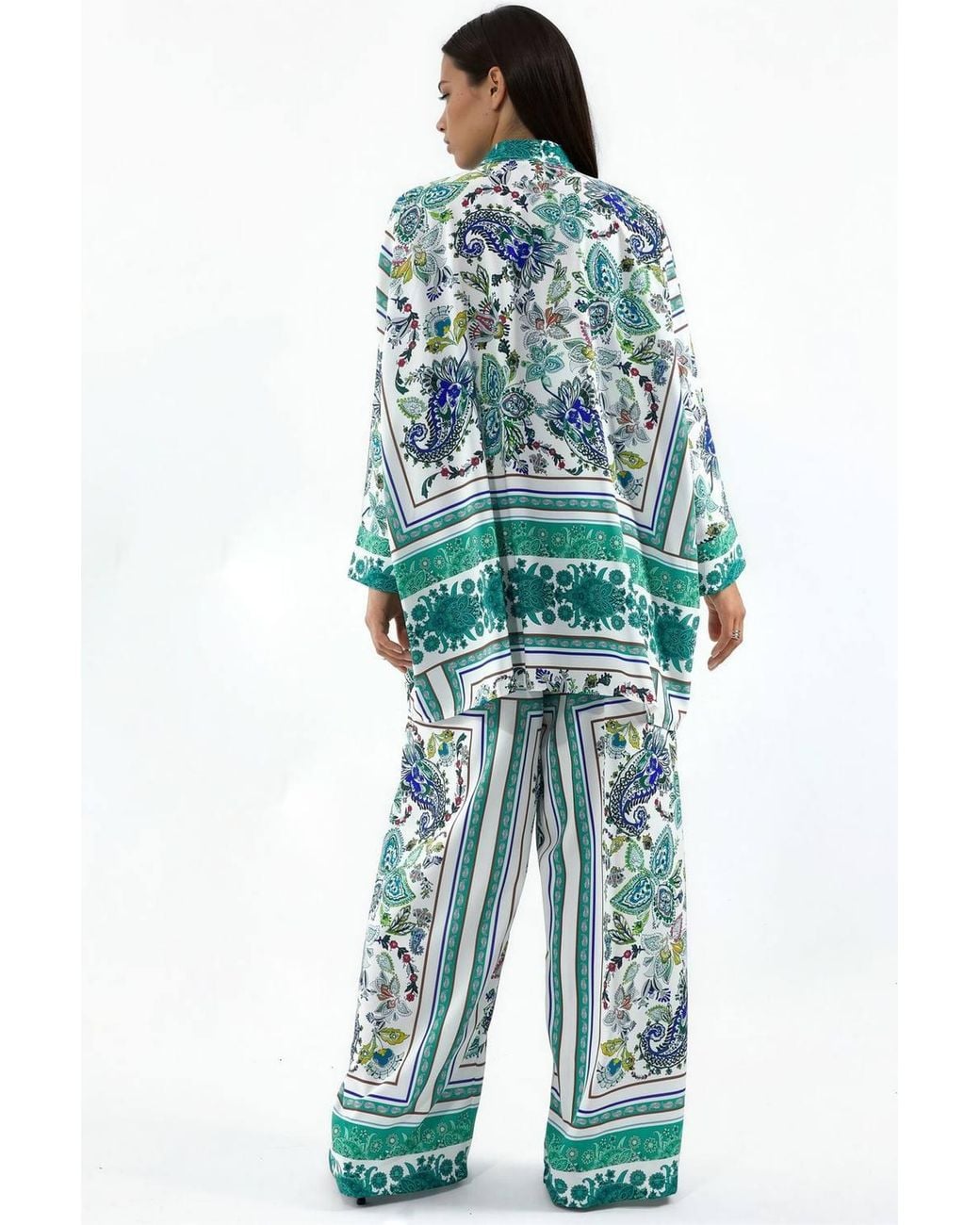 Msn-Collection Blue Patterned Shirt & Wide-Leg Trousers Set