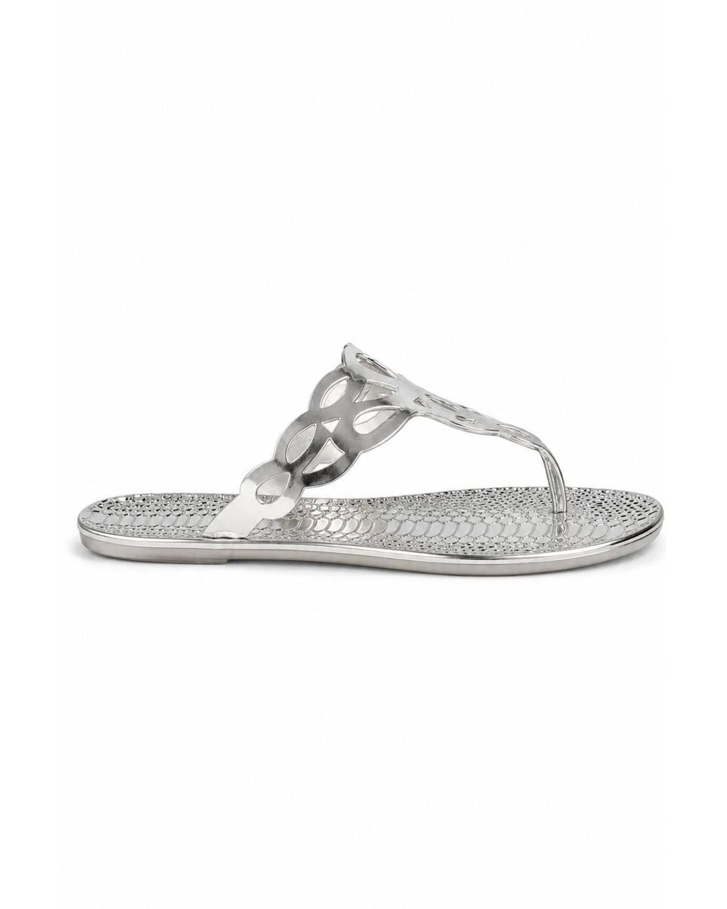 Spot on White Metallic Cut Out Toe Post Sandals With Textured Footbed