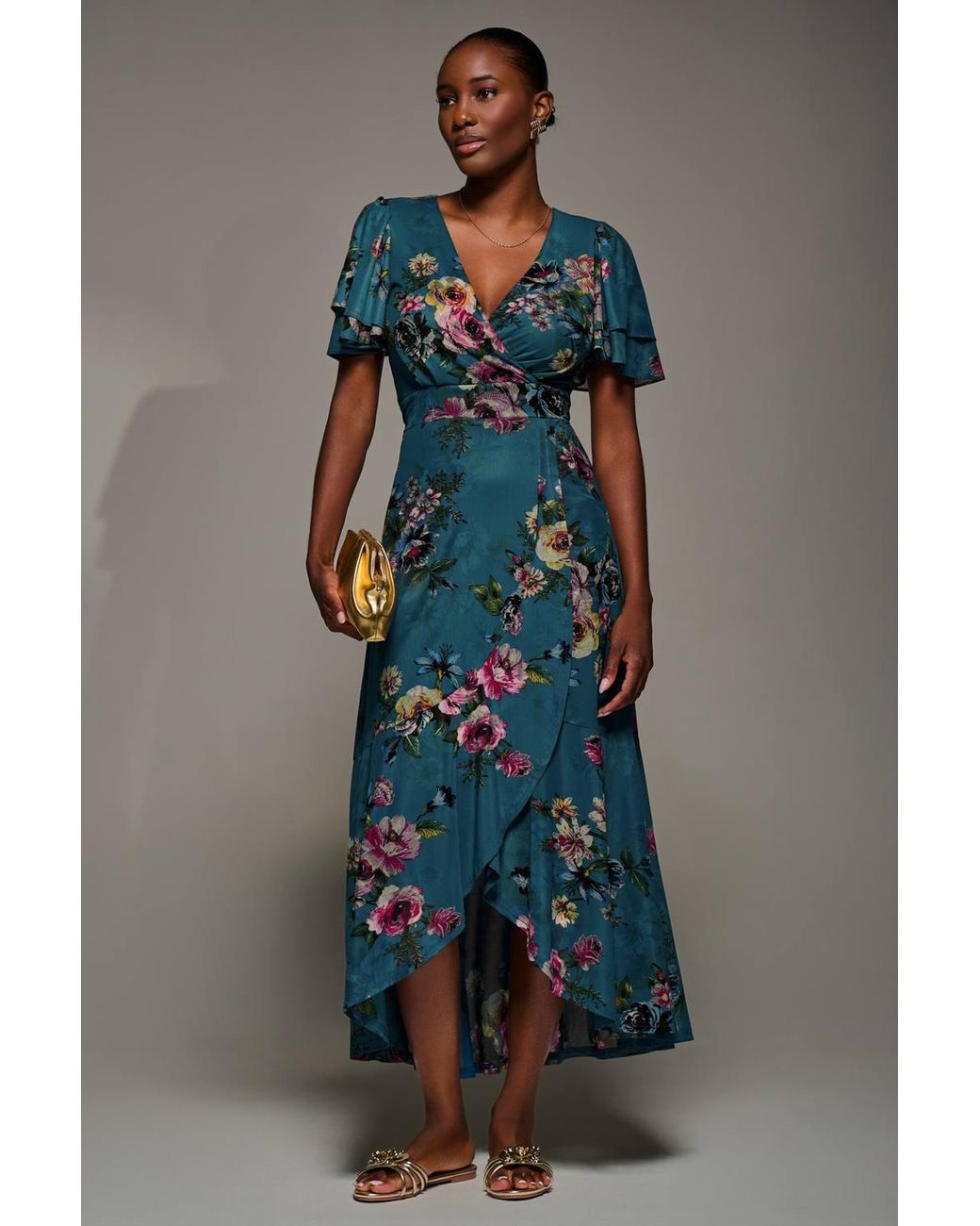 Jolie Moi Blue Angel Sleeve Mesh Frill Wrap Maxi Dress