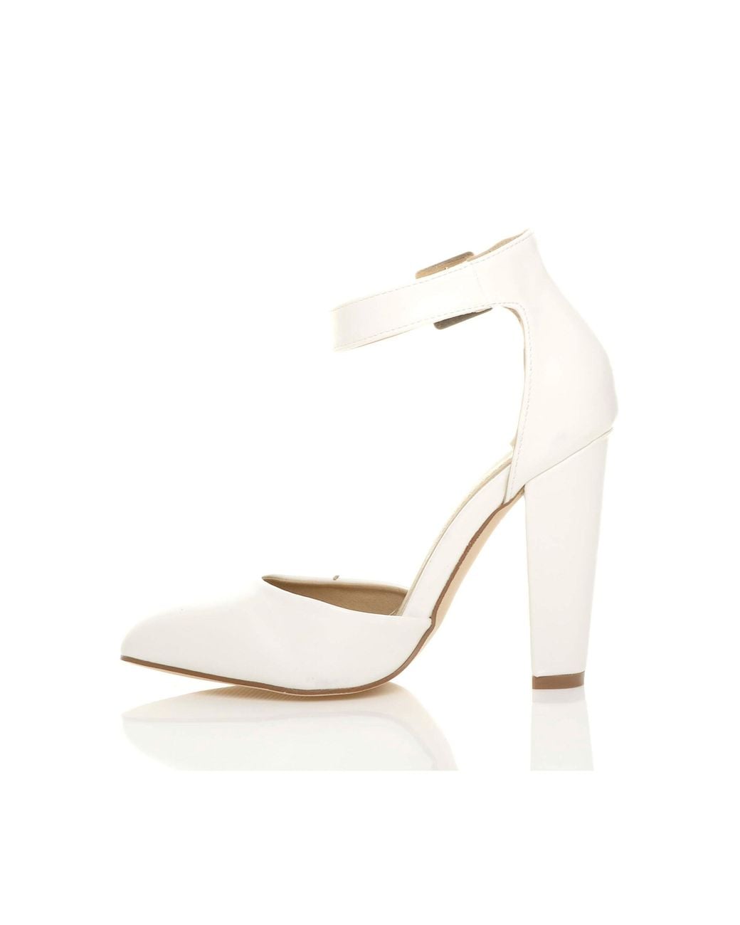 AJVANI White High Block Heel Ankle Strap Pointed Toe Court Shoes