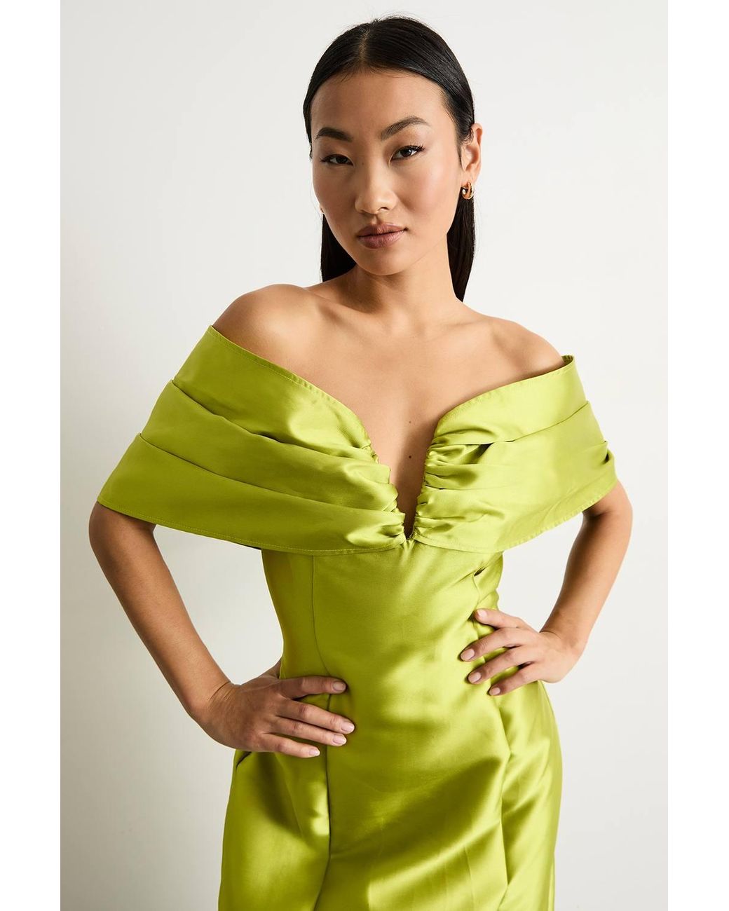 Warehouse Green Petite Satin Twill Notch Front Bardot Midi Dress
