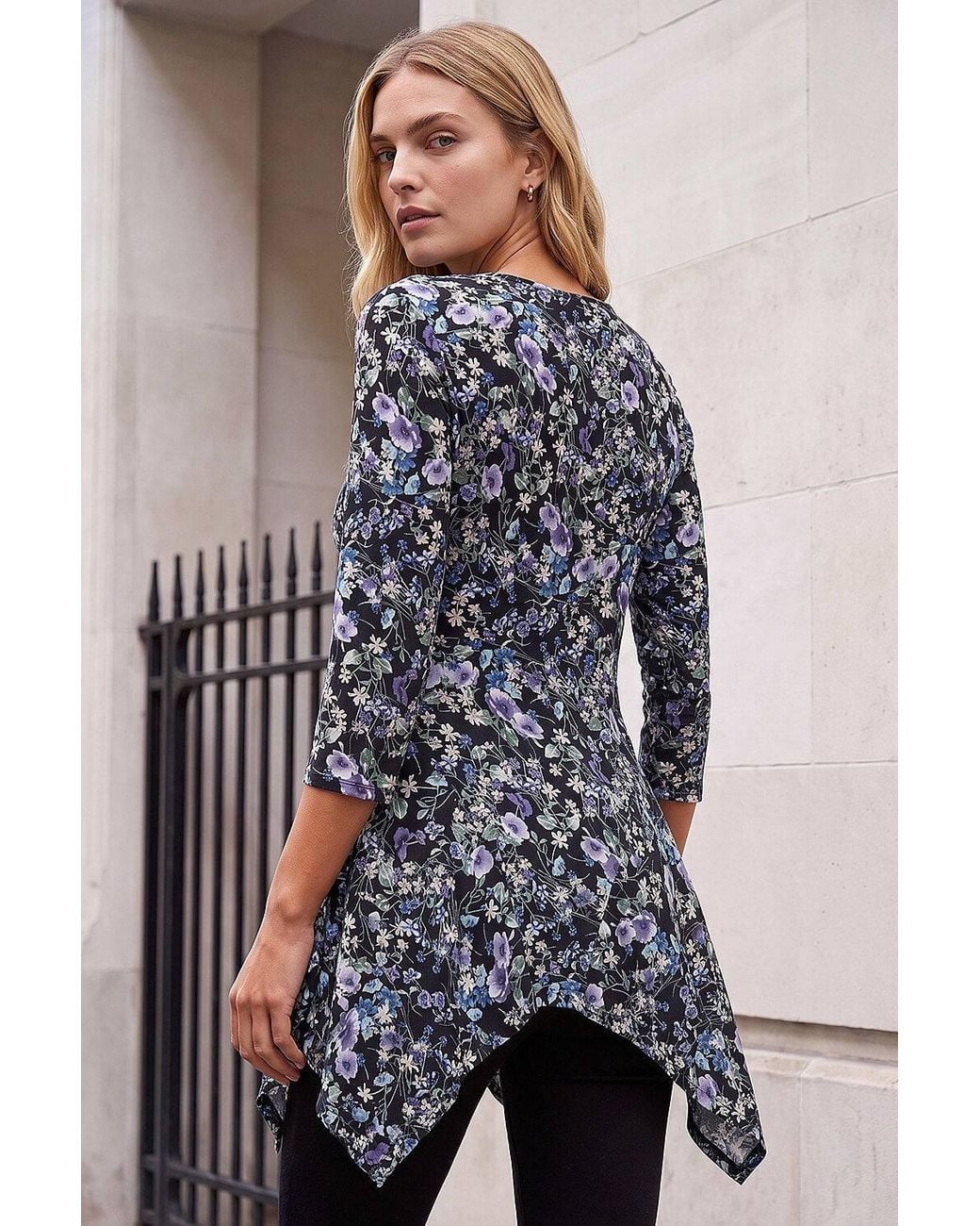 Roman Blue Floral Print Asymmetric Stretch Top