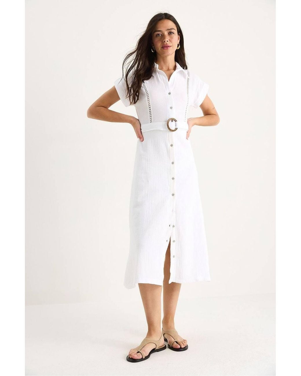Bianco Lucci White Textured Cotton Midi Dress With Shirt Collar