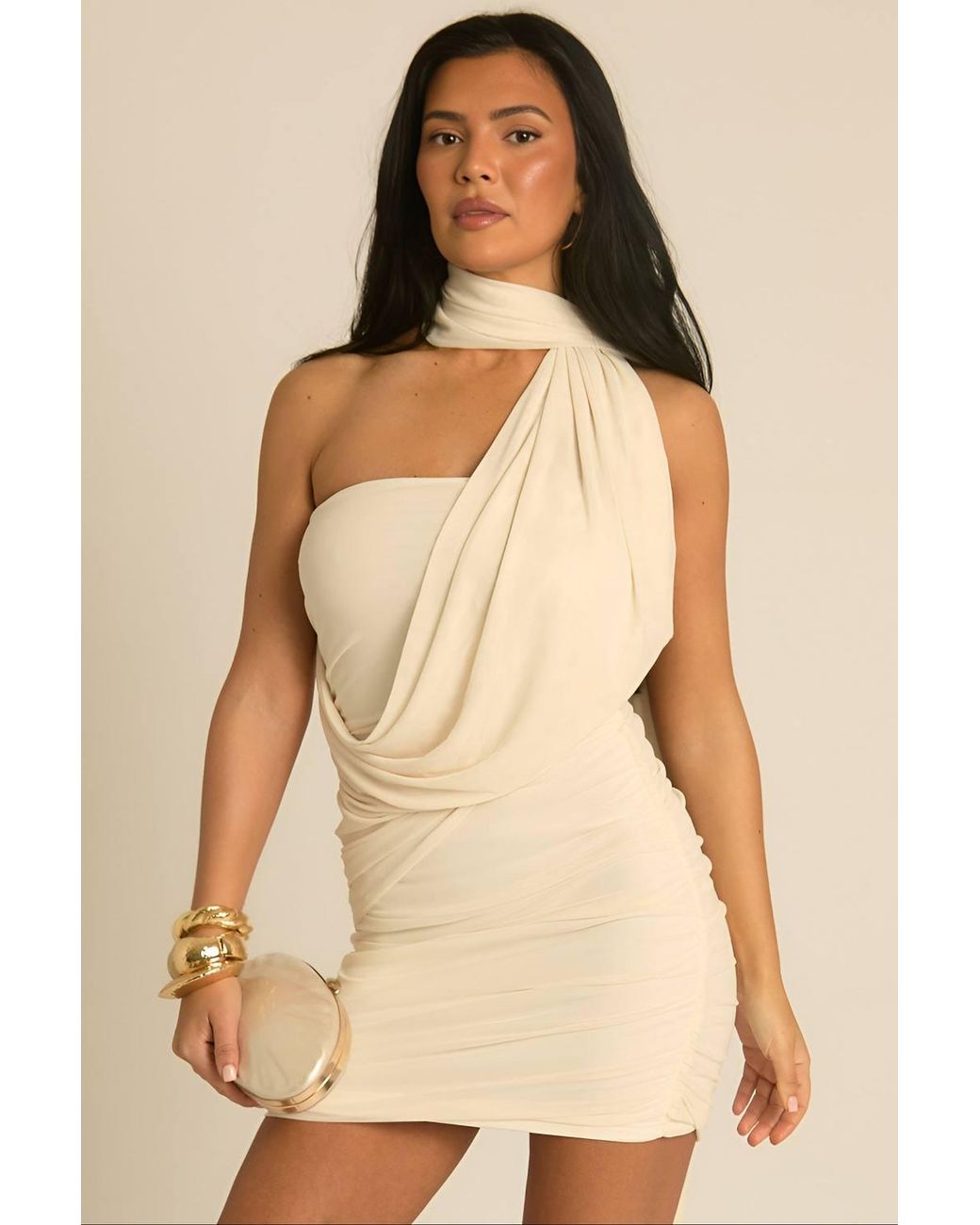 Rebellious Fashion Natural Mesh Draped Scarf Mini Dress