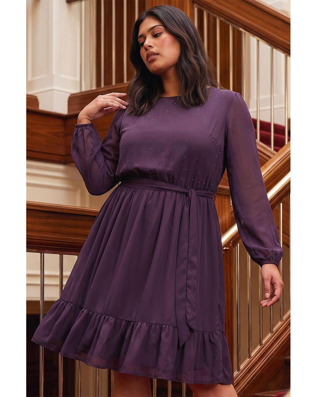Roman Purple Curve Hotfix Tie Waist Dress
