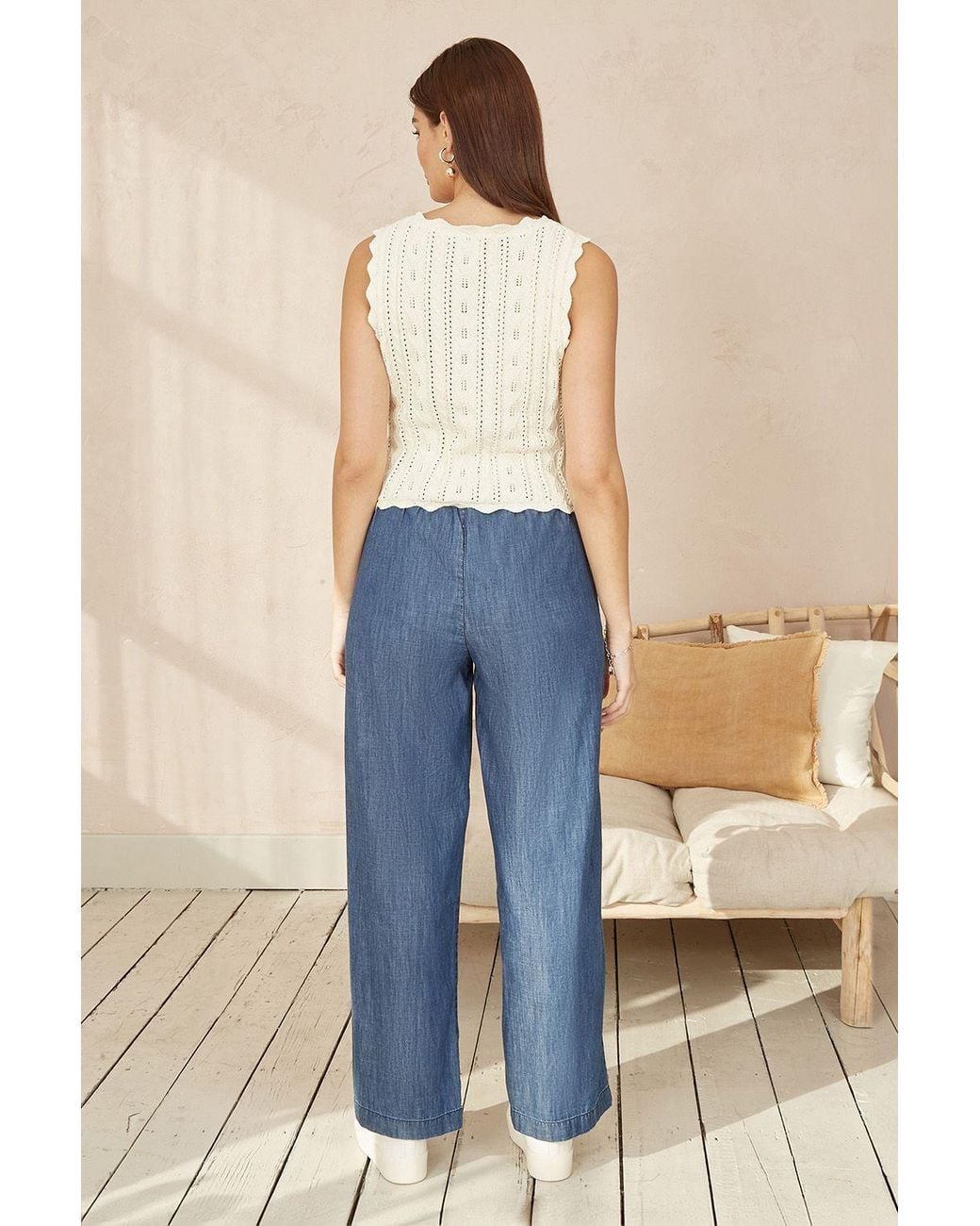 Yumi' Natural V Neck Button Down Crochet Knitted Top