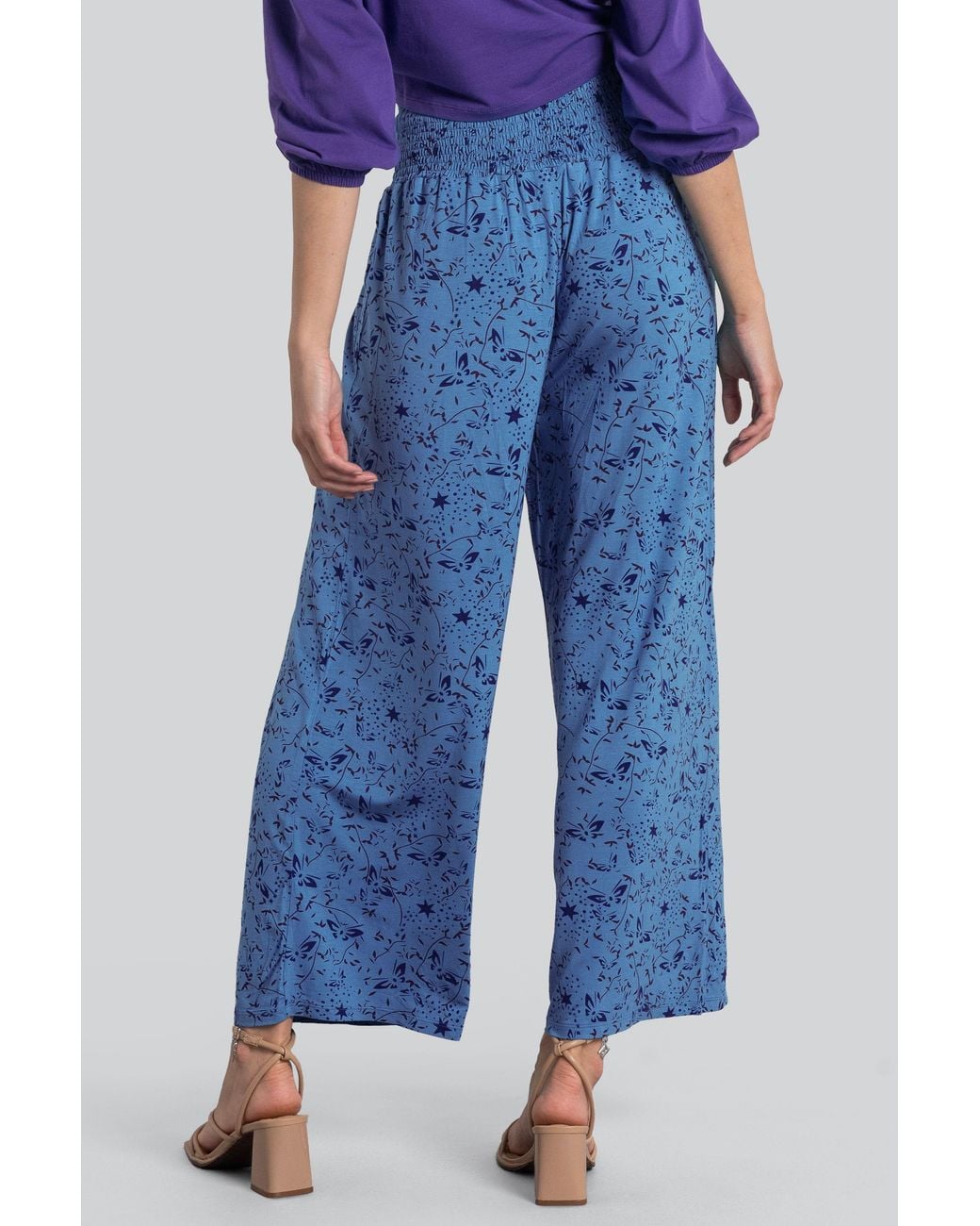 Enorsia Blue Printed Wide Leg Ankle Grazer Trousers