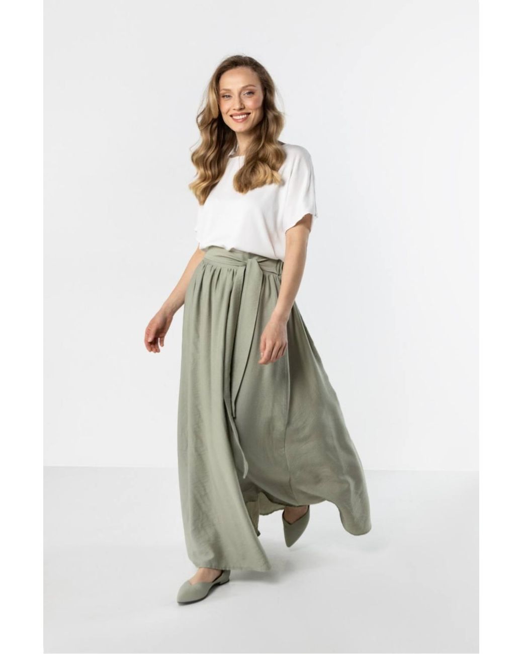 Love Lace Green Flowy High Waist Maxi Skirt With Tie Style 225331