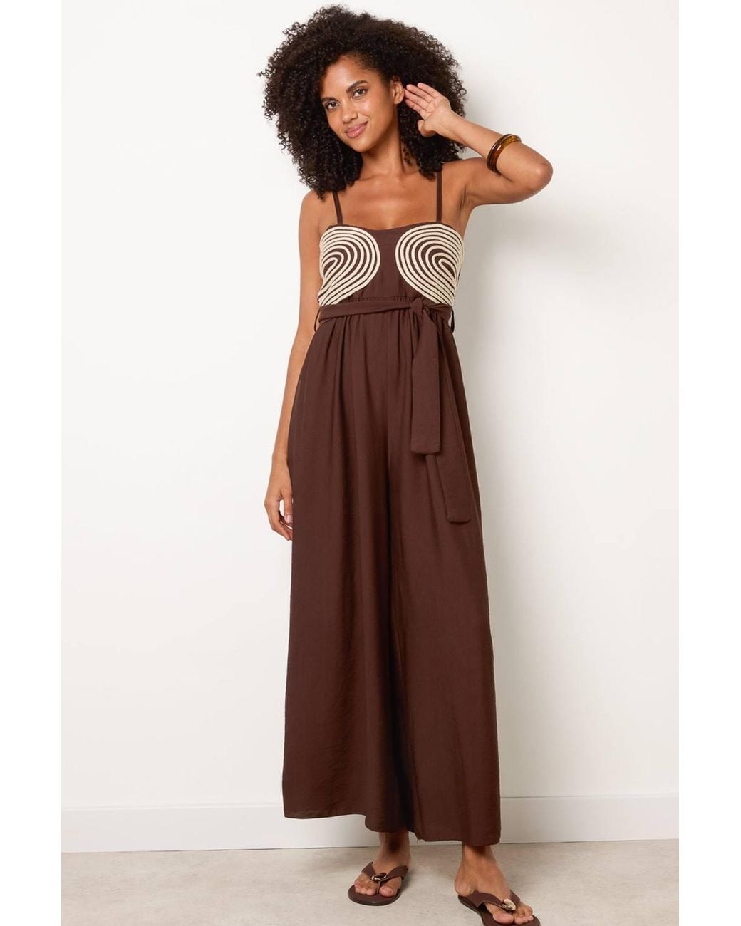 Blue Vanilla Brown Strappy Belted Round Neck Jumpsuit