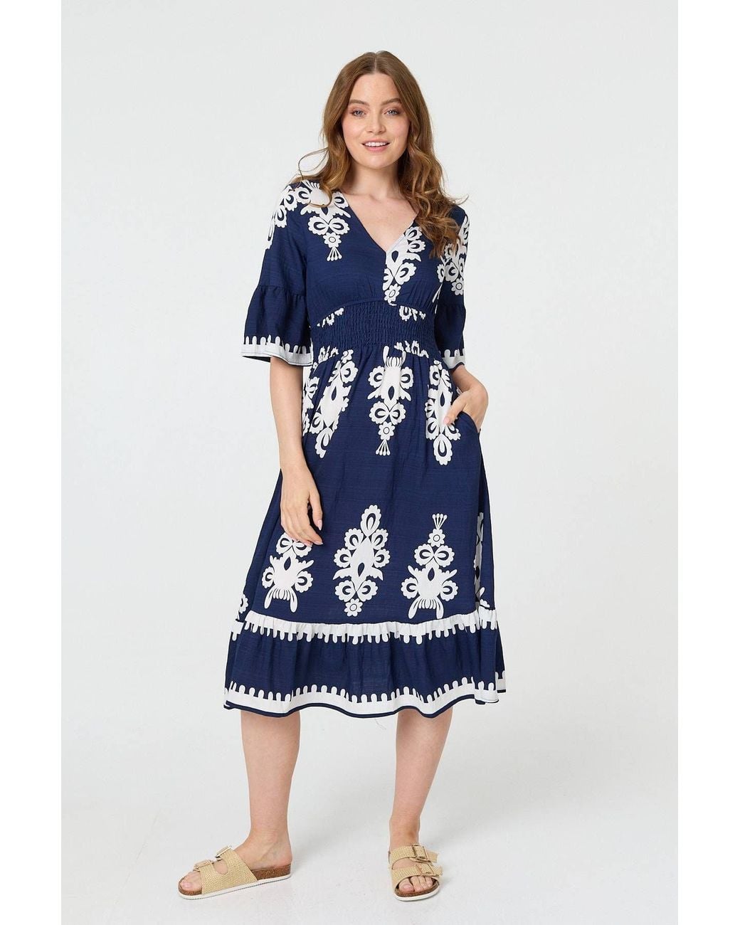 Izabel London Blue Ikat Print 1/2 Flared Sleeve Midi Dress
