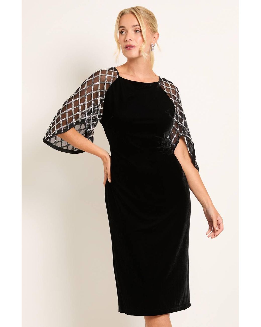 Wallis Black Petite Sequin Sleeve Square Neck Velvet Midi Dress