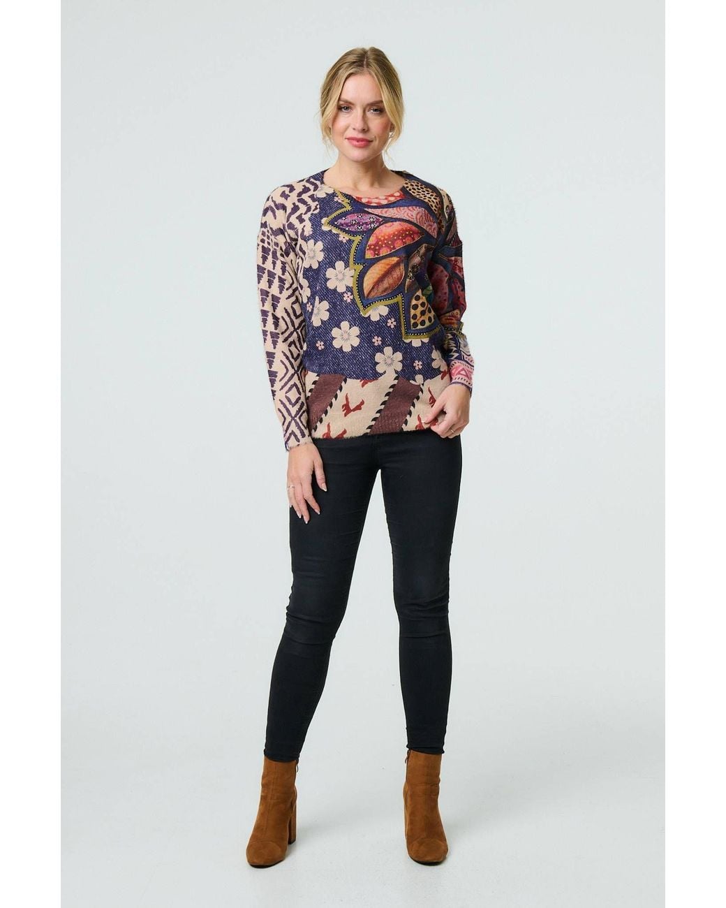 Izabel London Red Leaf Print Drop Shoulder Jumper