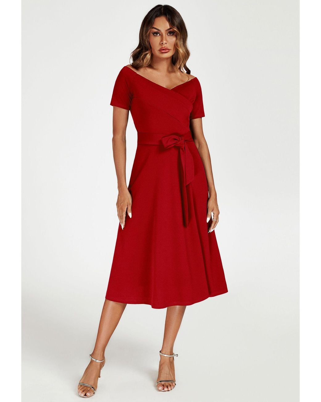 FS Collection Red Bardot Midi Dress
