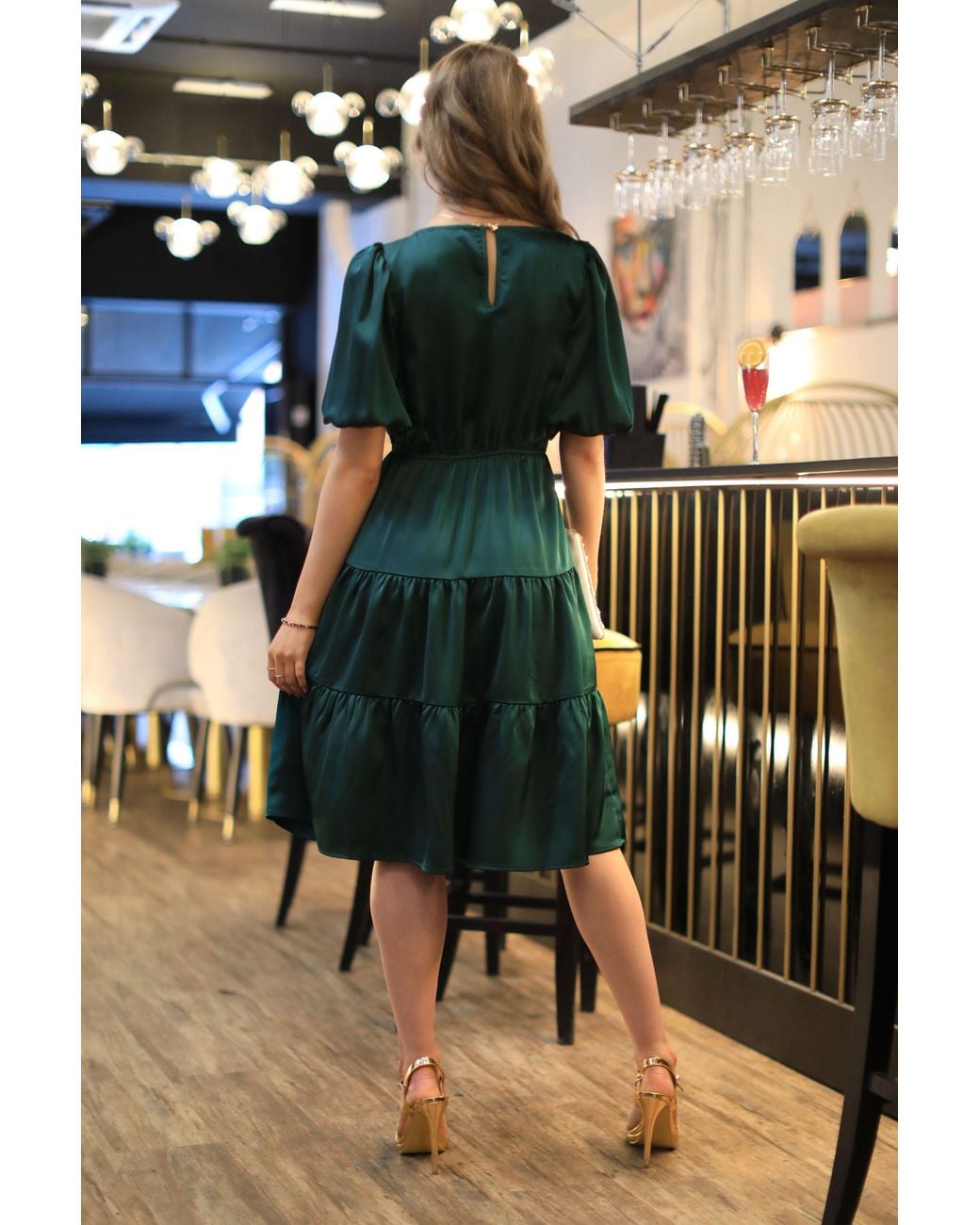 Double Second Black Satin Puff Sleeve V-Neck Tiered Dress