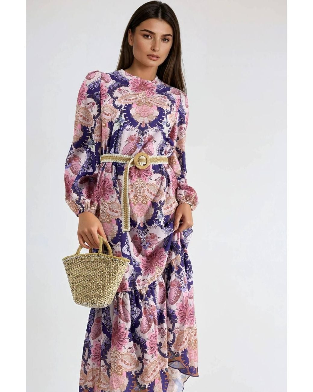 Msn-Collection Red Belted Paisley Patterned Midi Dress