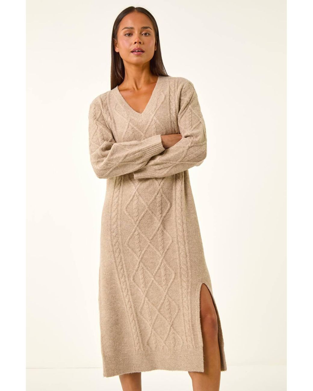 Roman Natural Petite V-Neck Knit Midi Dress