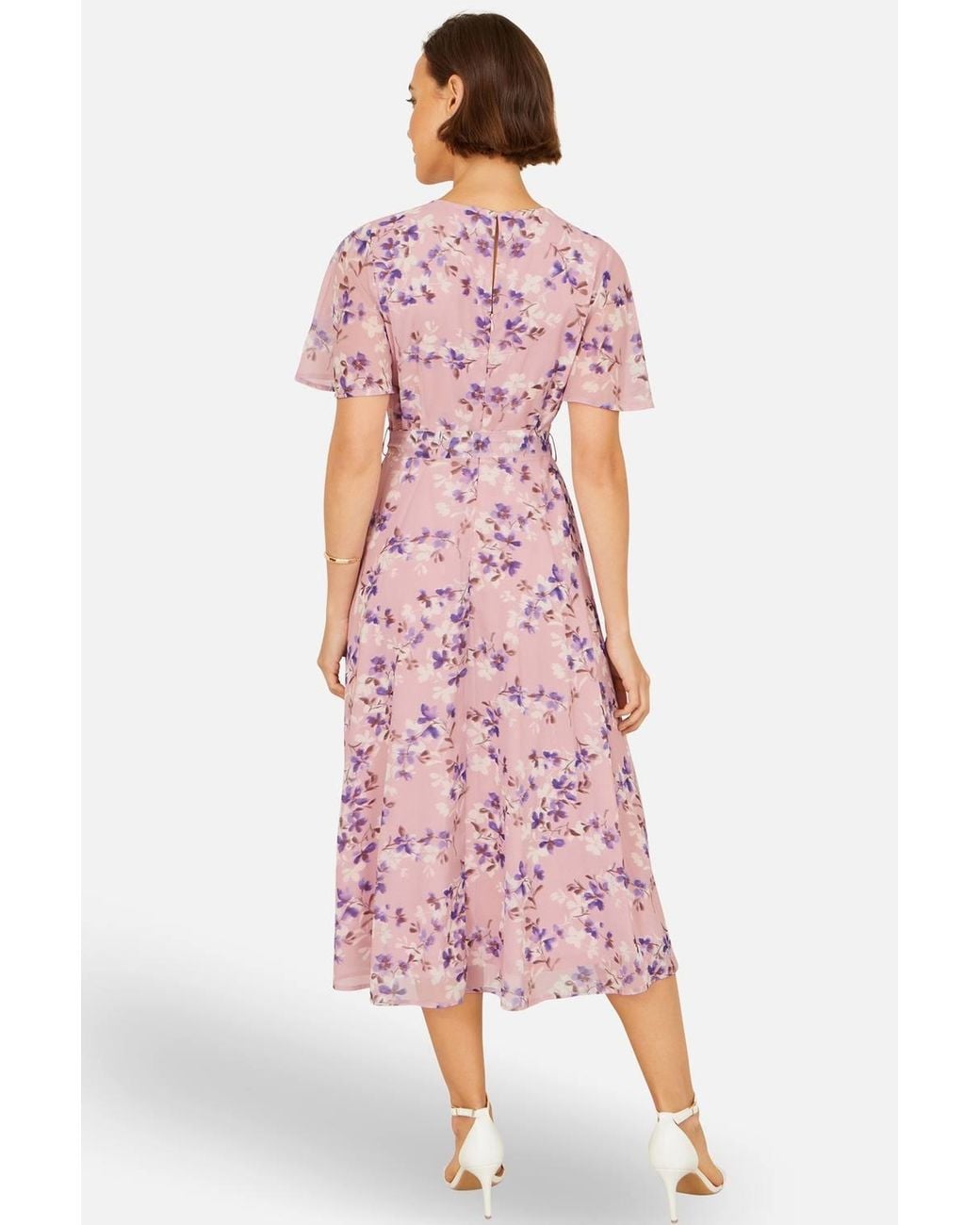 Yumi' Pink Blossom Skater Midi Dress With Angel Sleeves