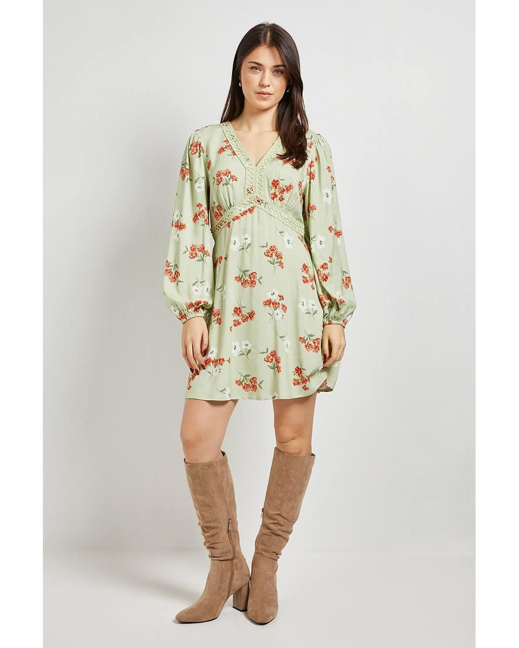 Dorothy Perkins Natural Ditsy Lace Trim Long Sleeve Printed Mini Dress