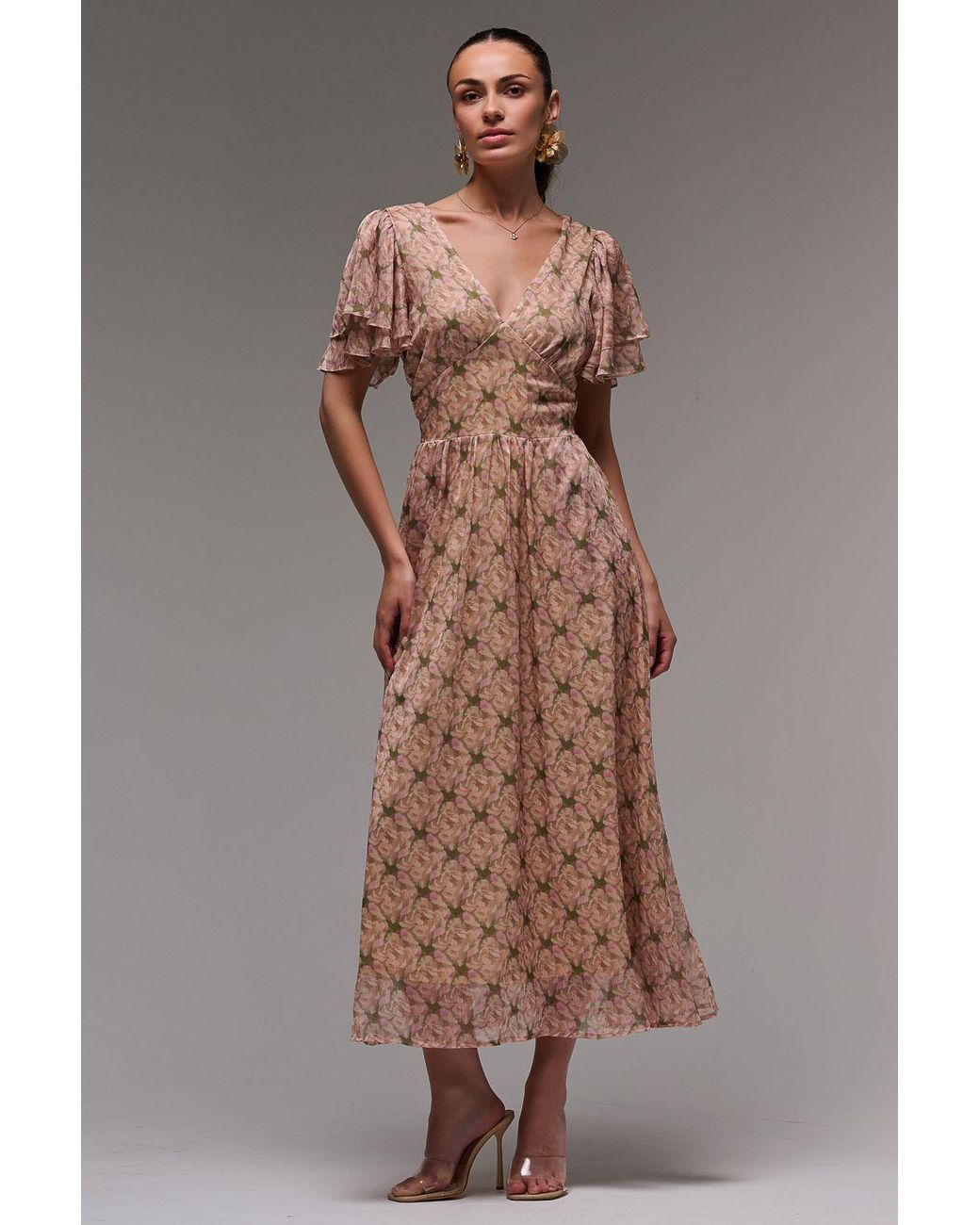 Jolie Moi Brown Layered Angel Sleeved Chiffon Maxi Dress
