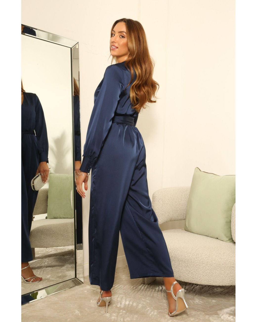 Double Second Blue Lux Satin Wrap Jumpsuit