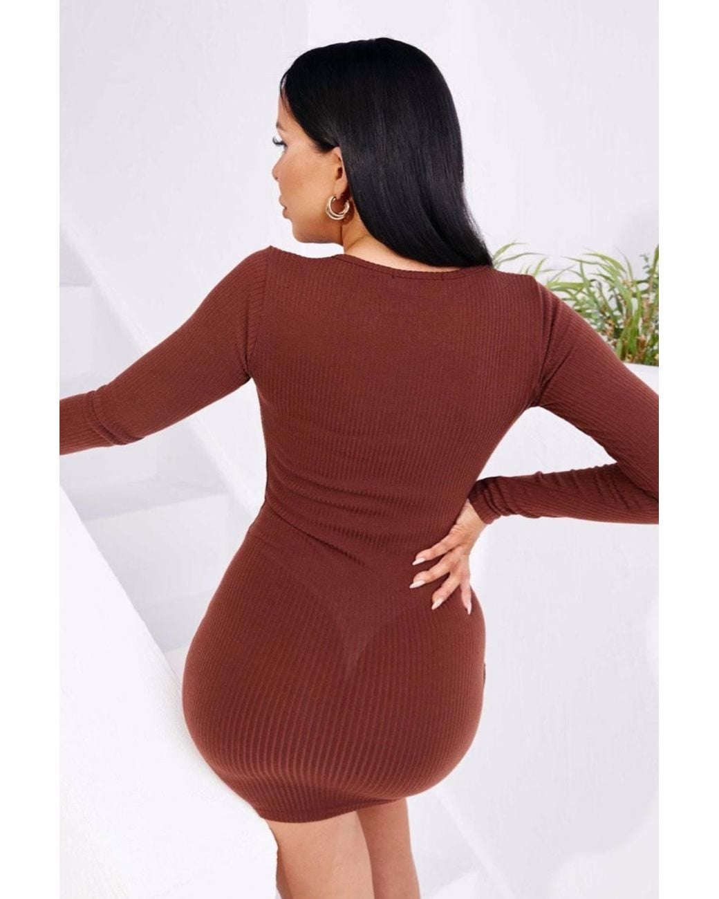 Femme Luxe Red Rib High Neck Long Sleeve Bodycon Mini Dress